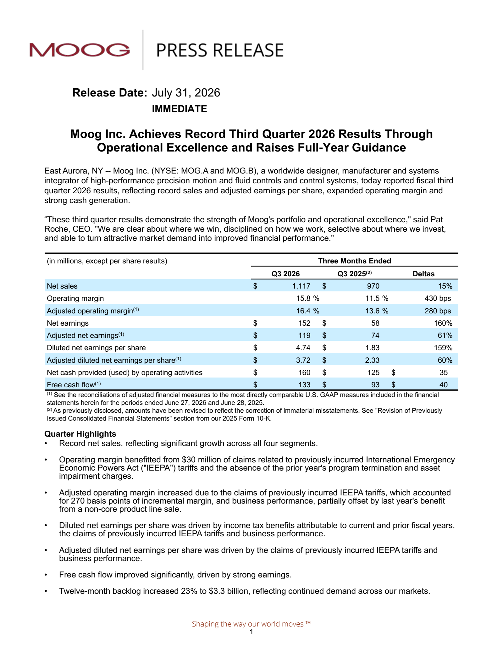 Moog's Q3 2026 Press Release