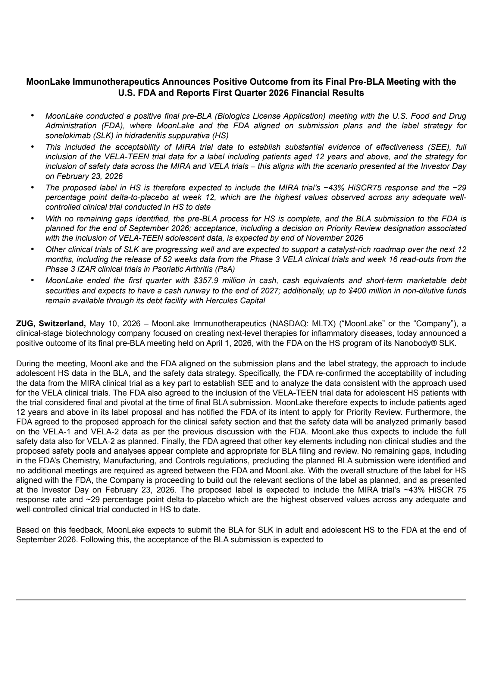 MoonLake Immunotherapeutics' Q1 2026 Press Release