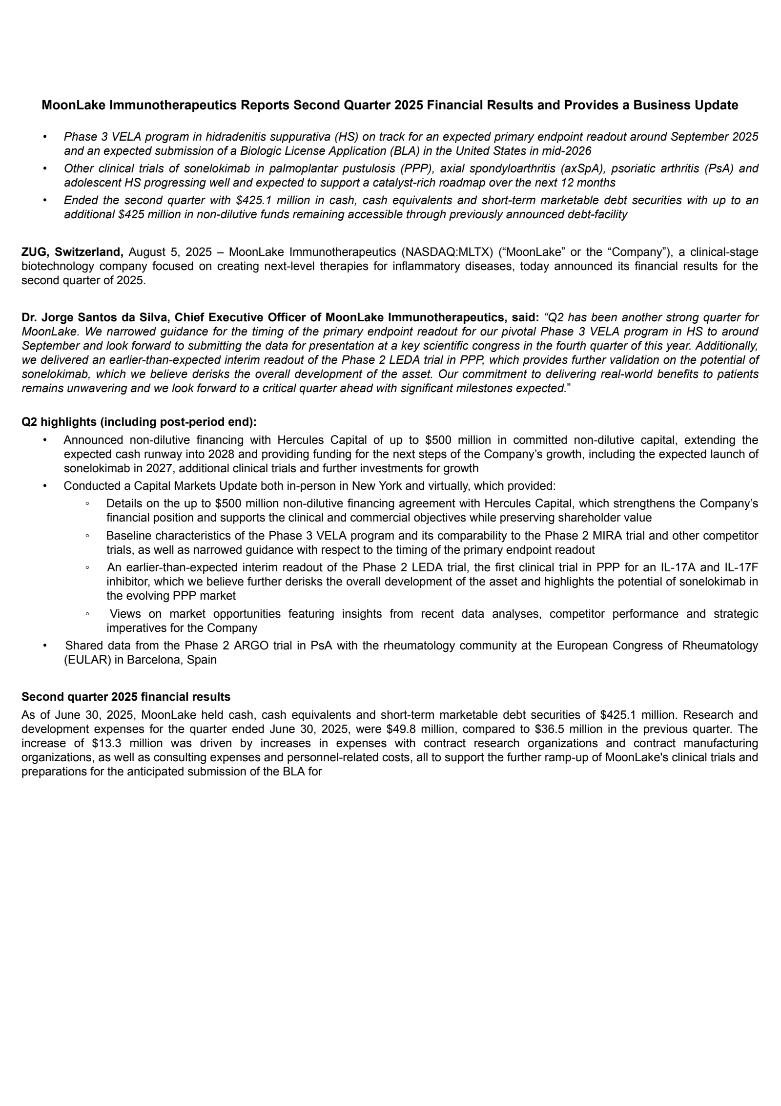 MoonLake Immunotherapeutics' Q2 2025 Press Release