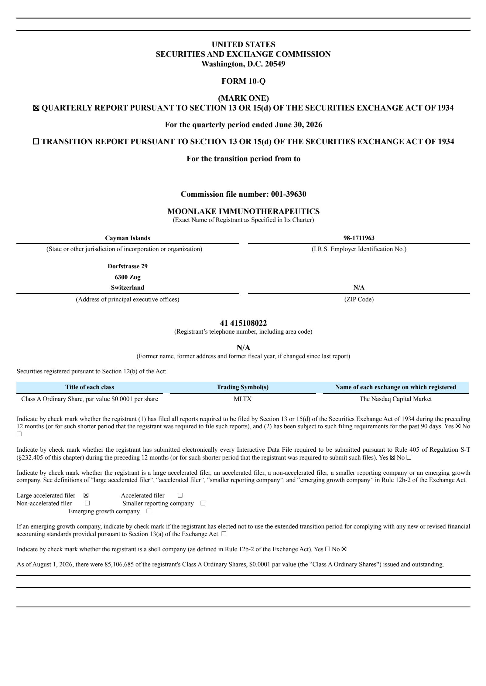 MoonLake Immunotherapeutics' Q2 2026 Quarterly report