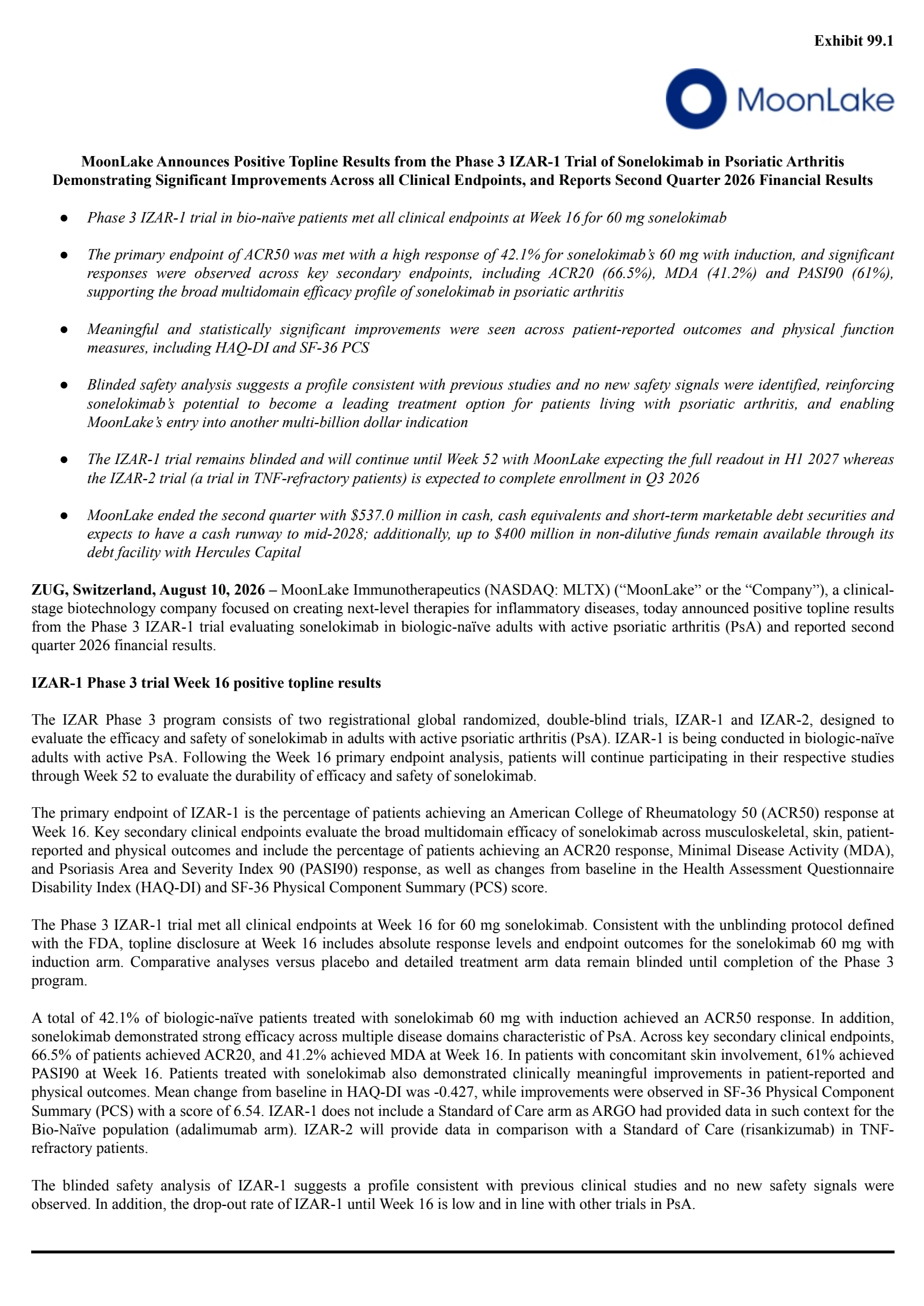 MoonLake Immunotherapeutics' Q2 2026 Press Release