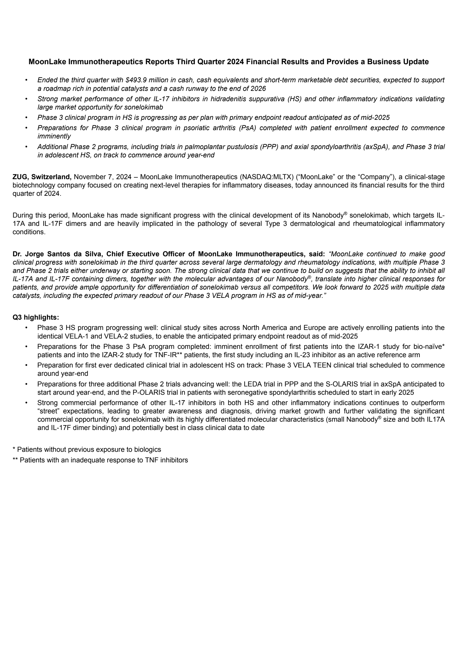 MoonLake Immunotherapeutics' Q3 2024 Press Release