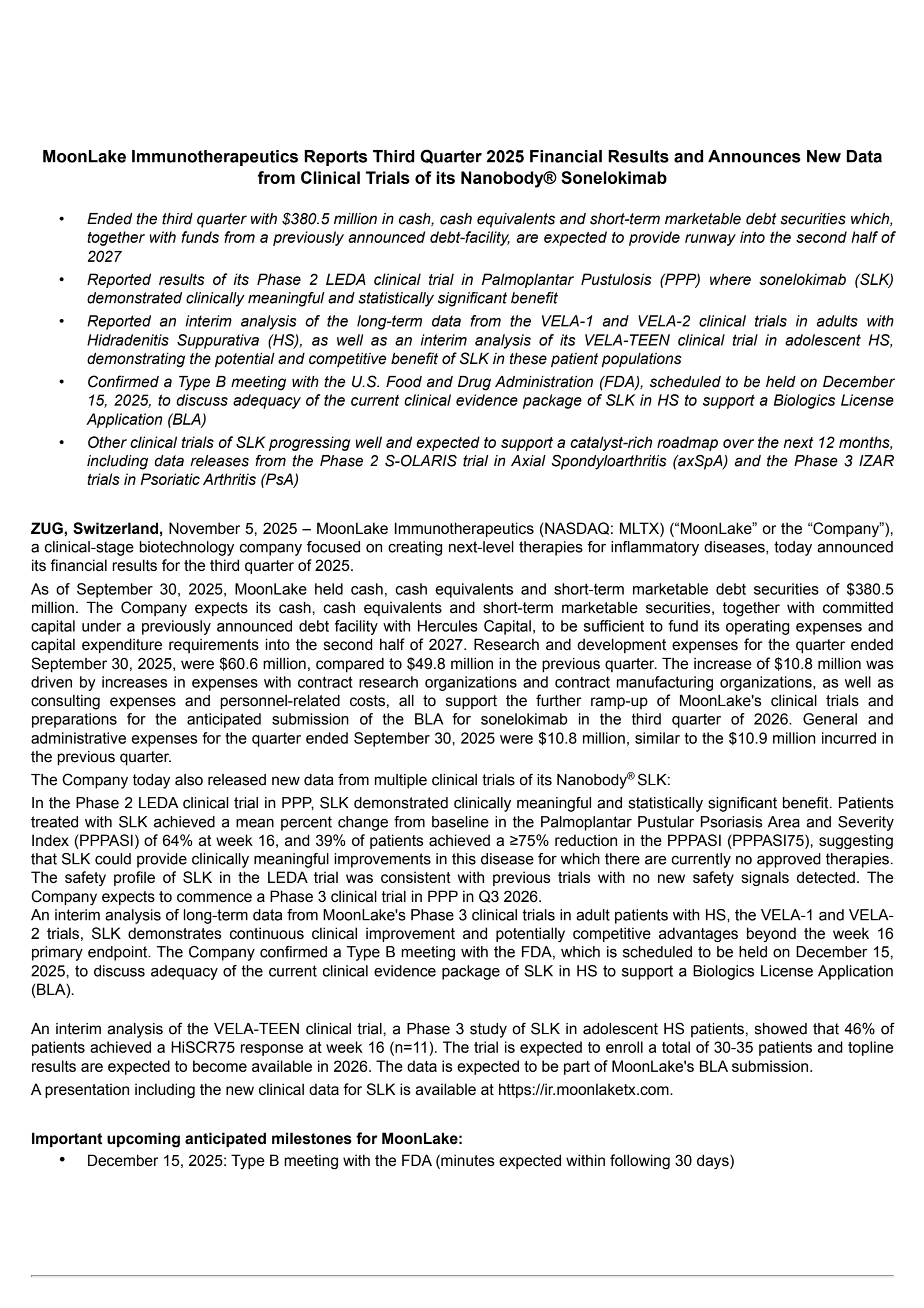MoonLake Immunotherapeutics' Q3 2025 Earnings Release
