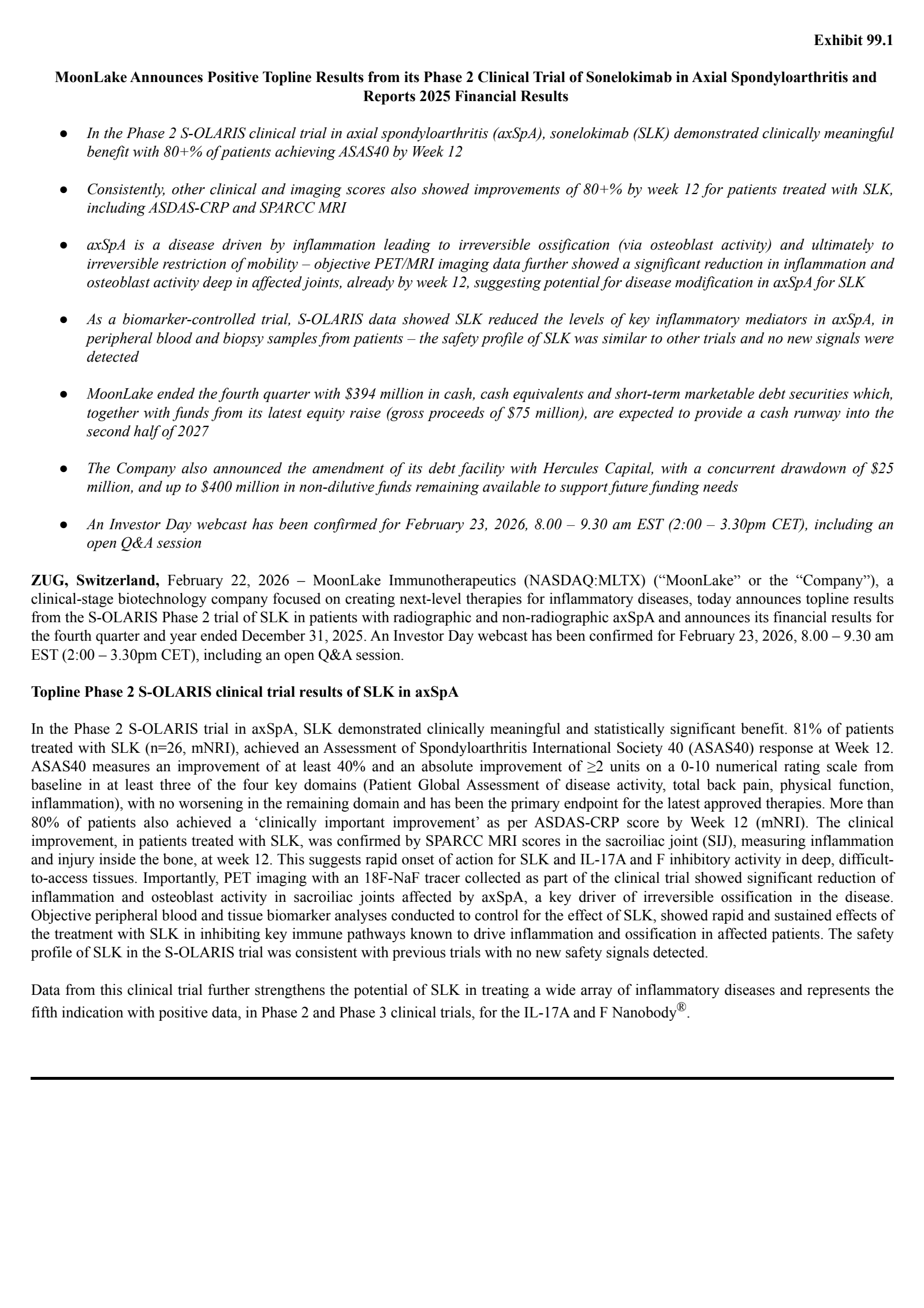 MoonLake Immunotherapeutics' Q4 2025 Press Release