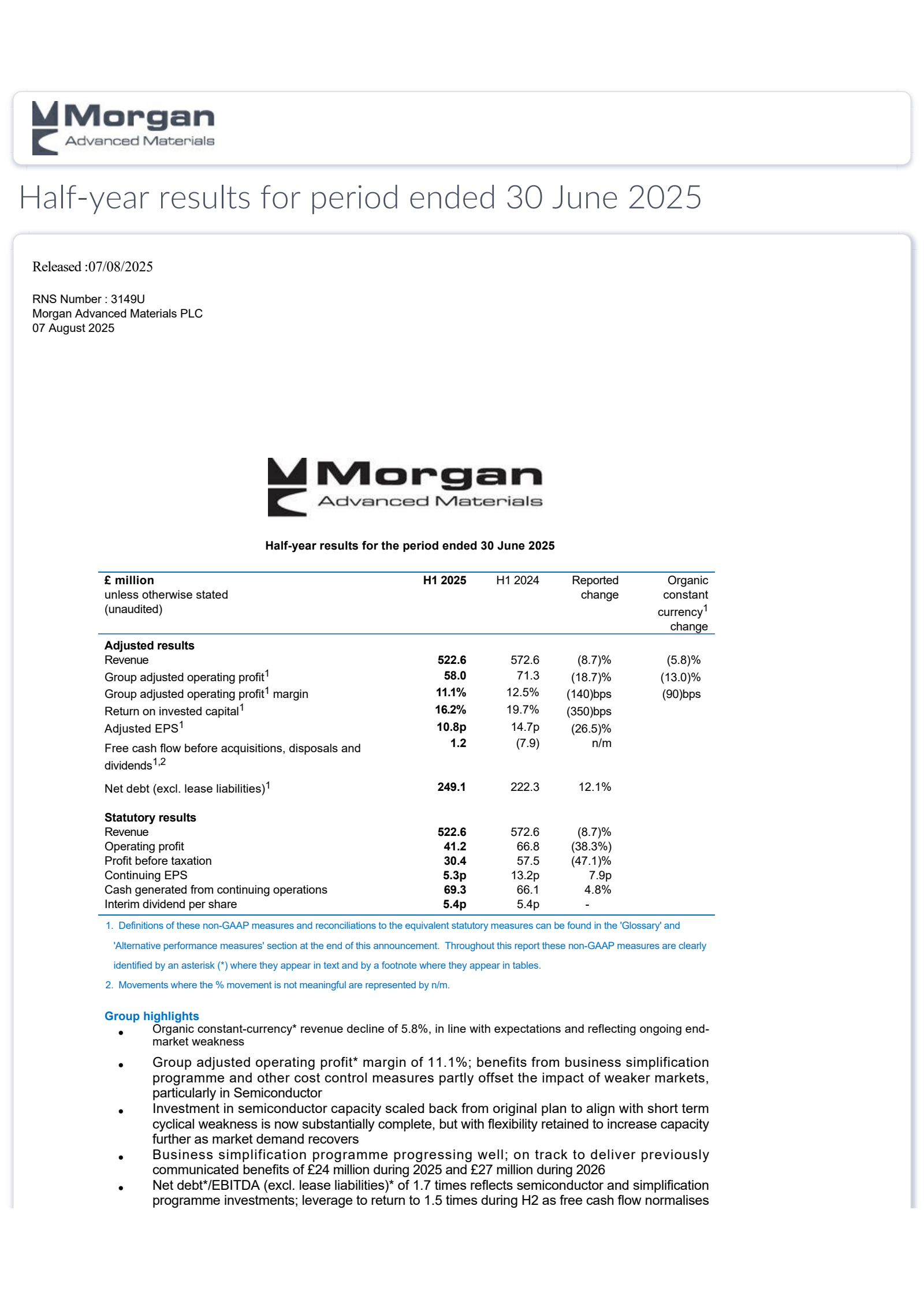 Morgan Advanced Materials' H1 2025 Interim report