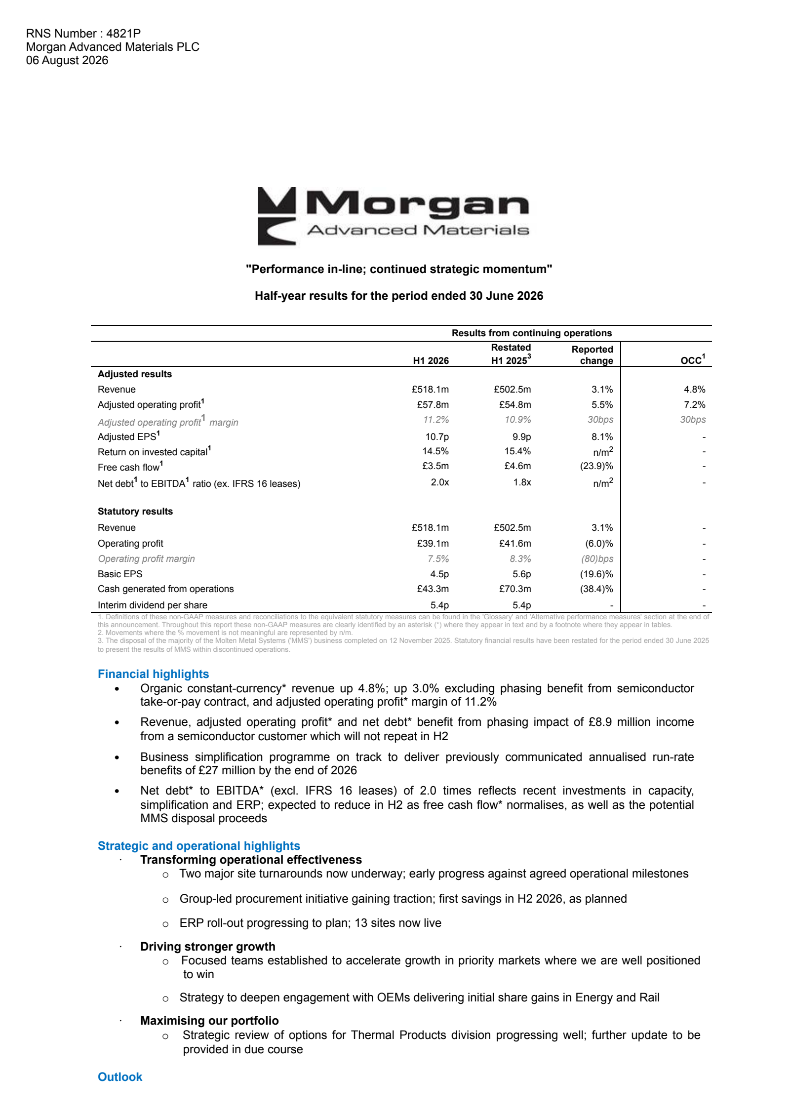 Morgan Advanced Materials' H1 2026 Interim report
