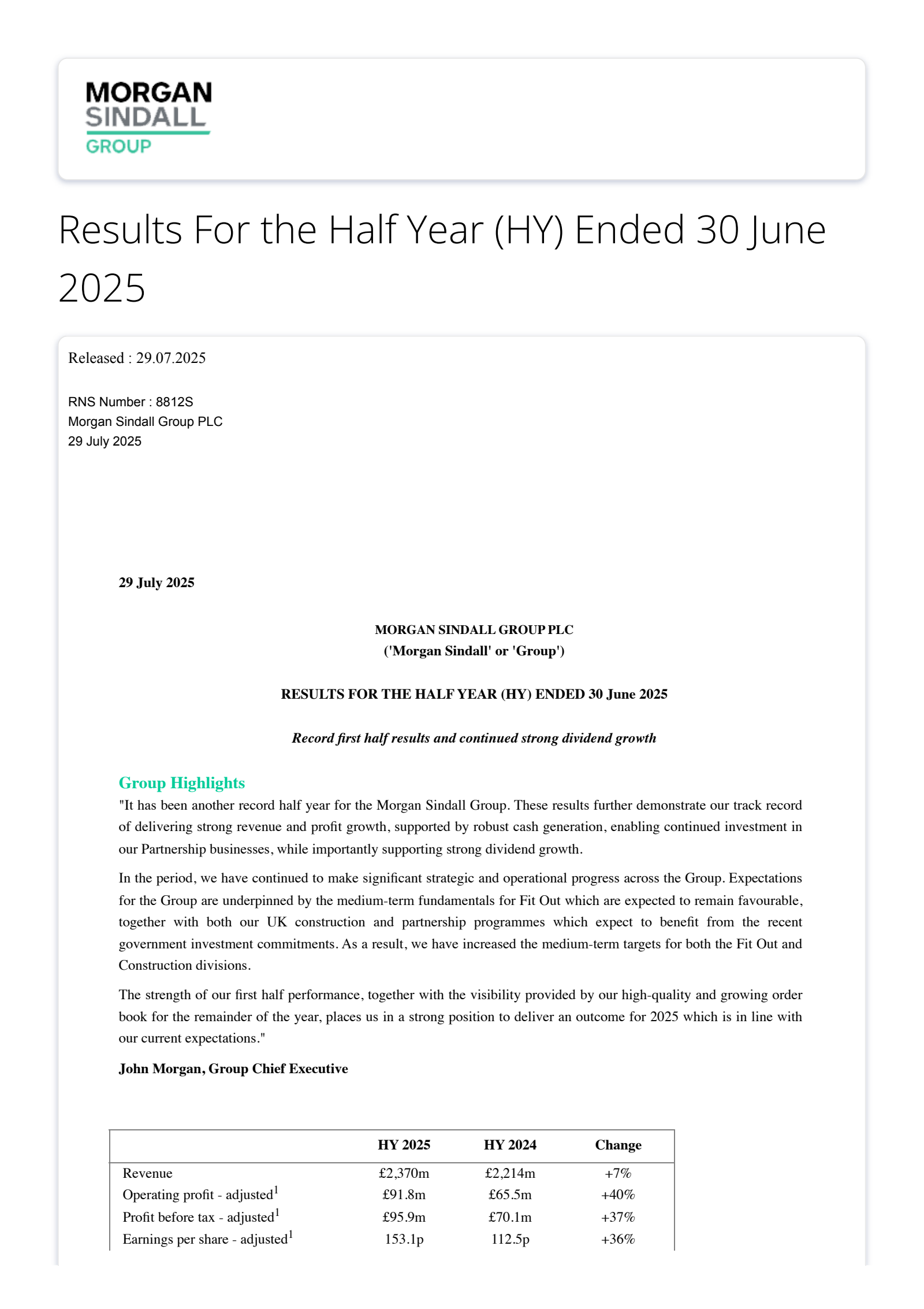 Morgan Sindall Group's H1 2025 Interim report