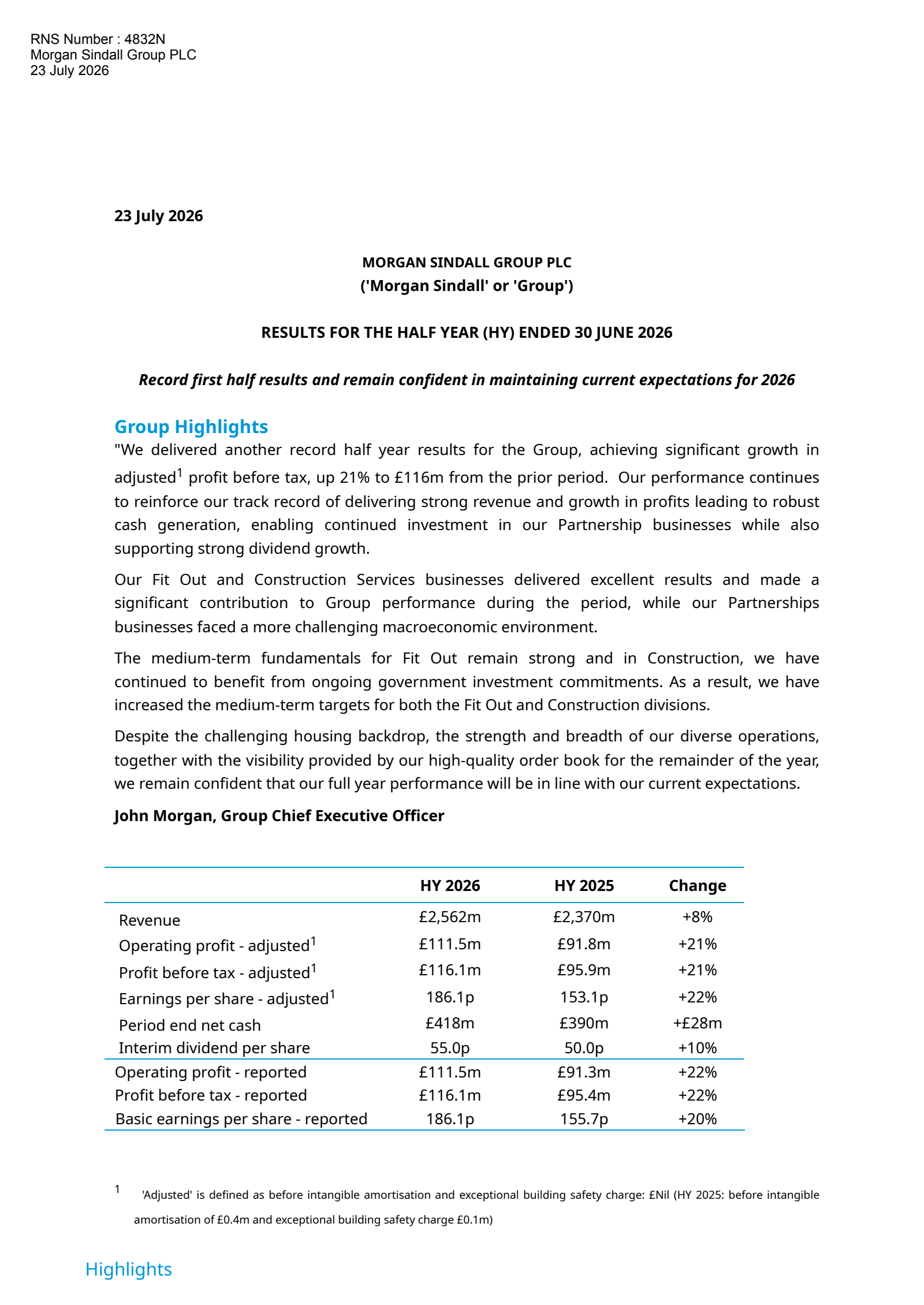 Morgan Sindall Group's H1 2026 Interim report