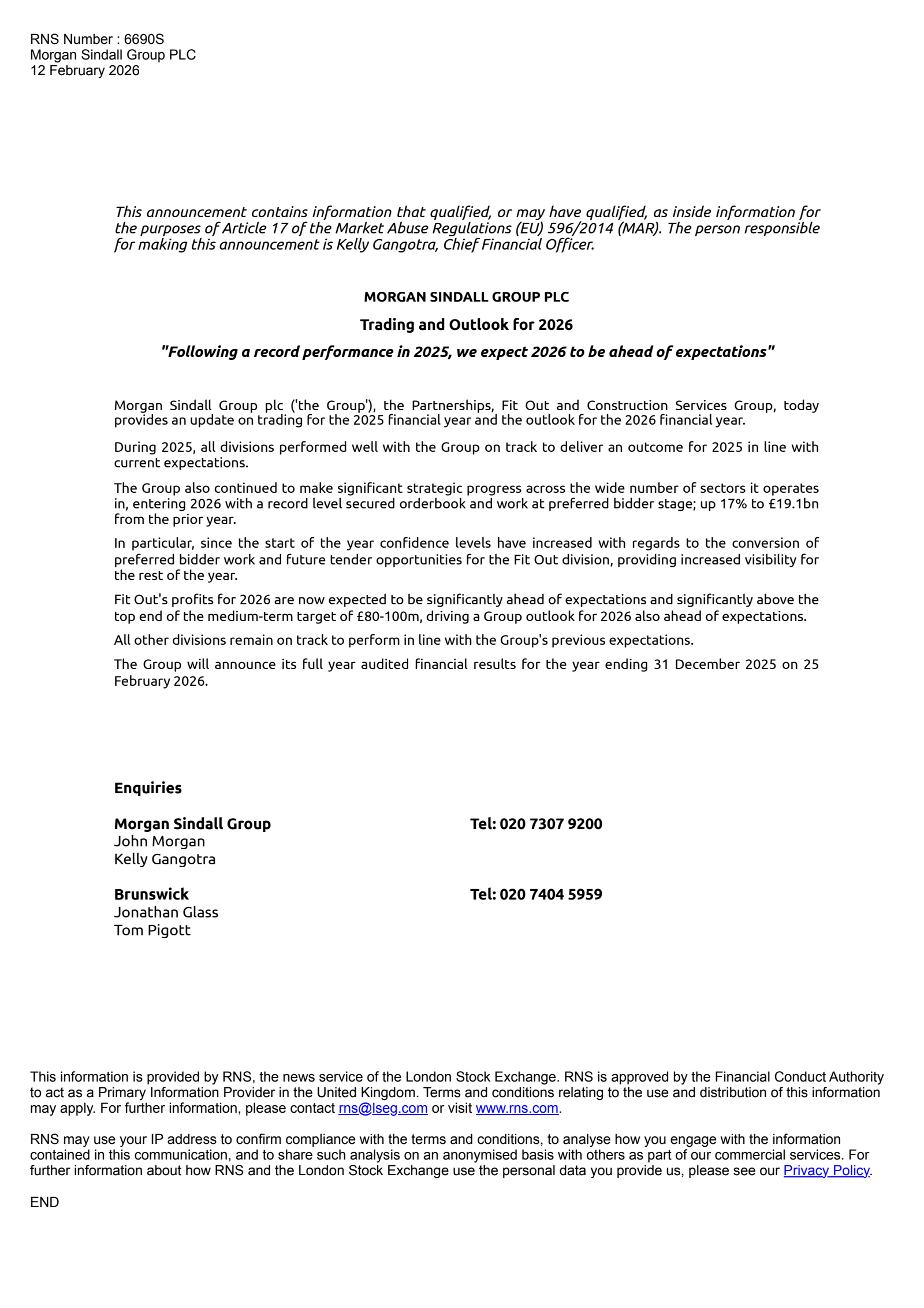 Morgan Sindall Group's Q4 2025 TU Press Release