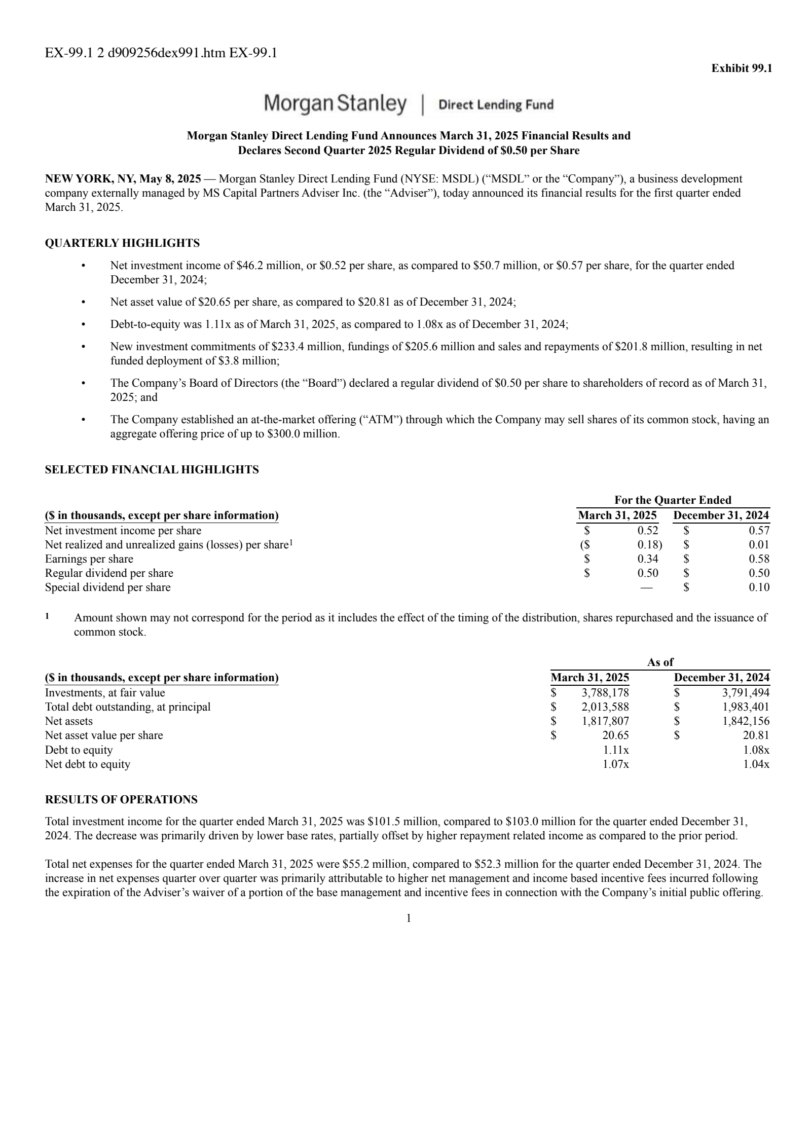Morgan Stanley Direct Lending Fund's Q1 2025 Press Release