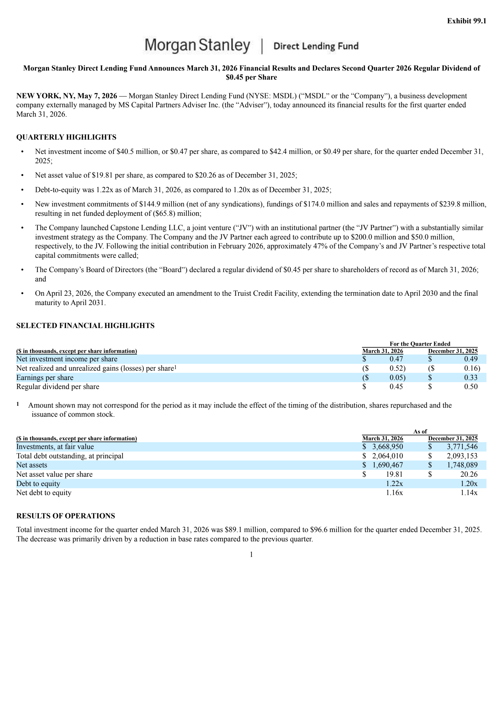 Morgan Stanley Direct Lending Fund's Q1 2026 Press Release