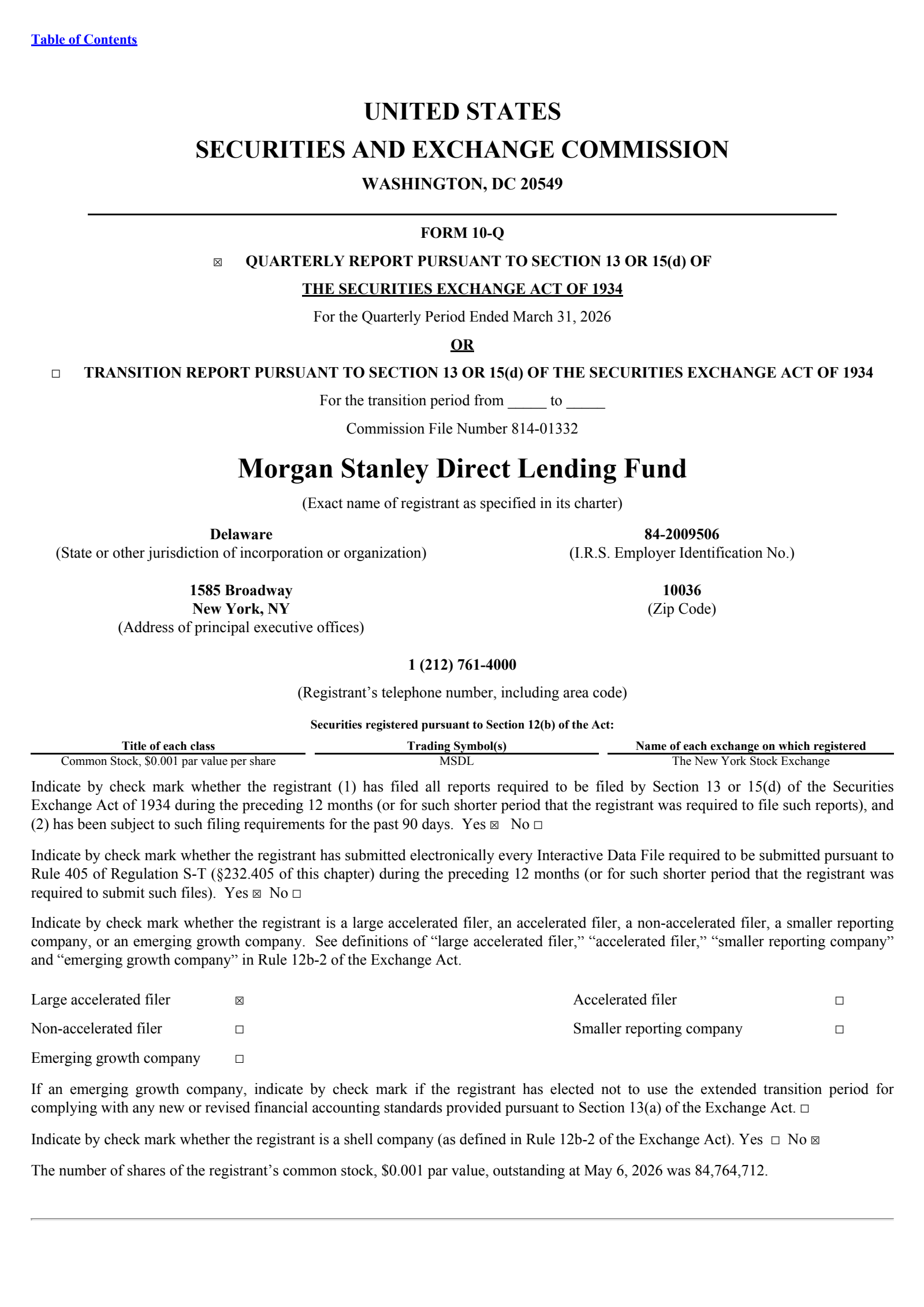 Morgan Stanley Direct Lending Fund's Q1 2026 Quarterly report
