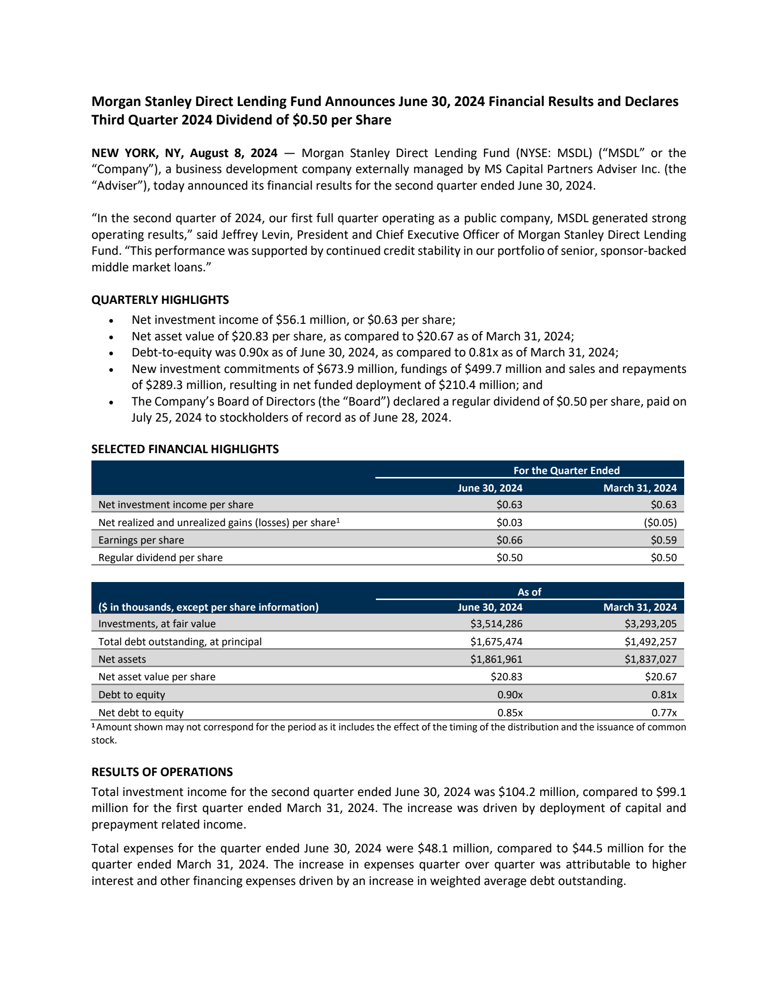 Morgan Stanley Direct Lending Fund's Q2 2024 Press Release