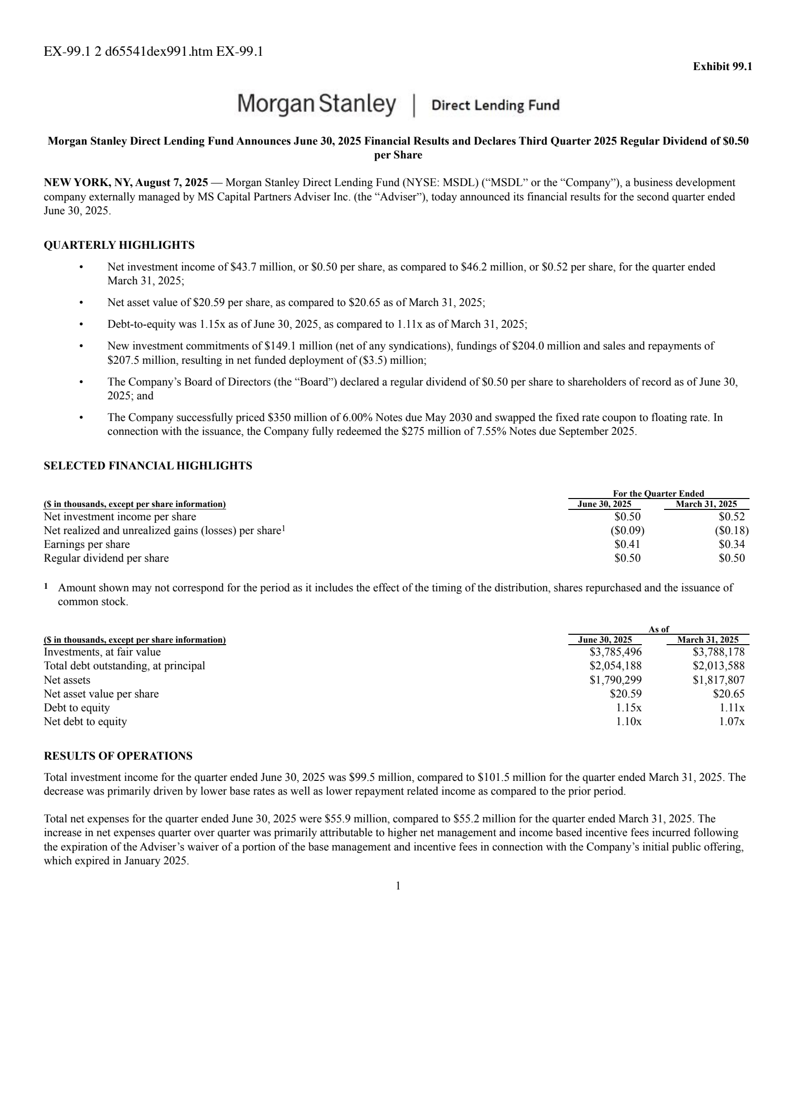 Morgan Stanley Direct Lending Fund's Q2 2025 Press Release
