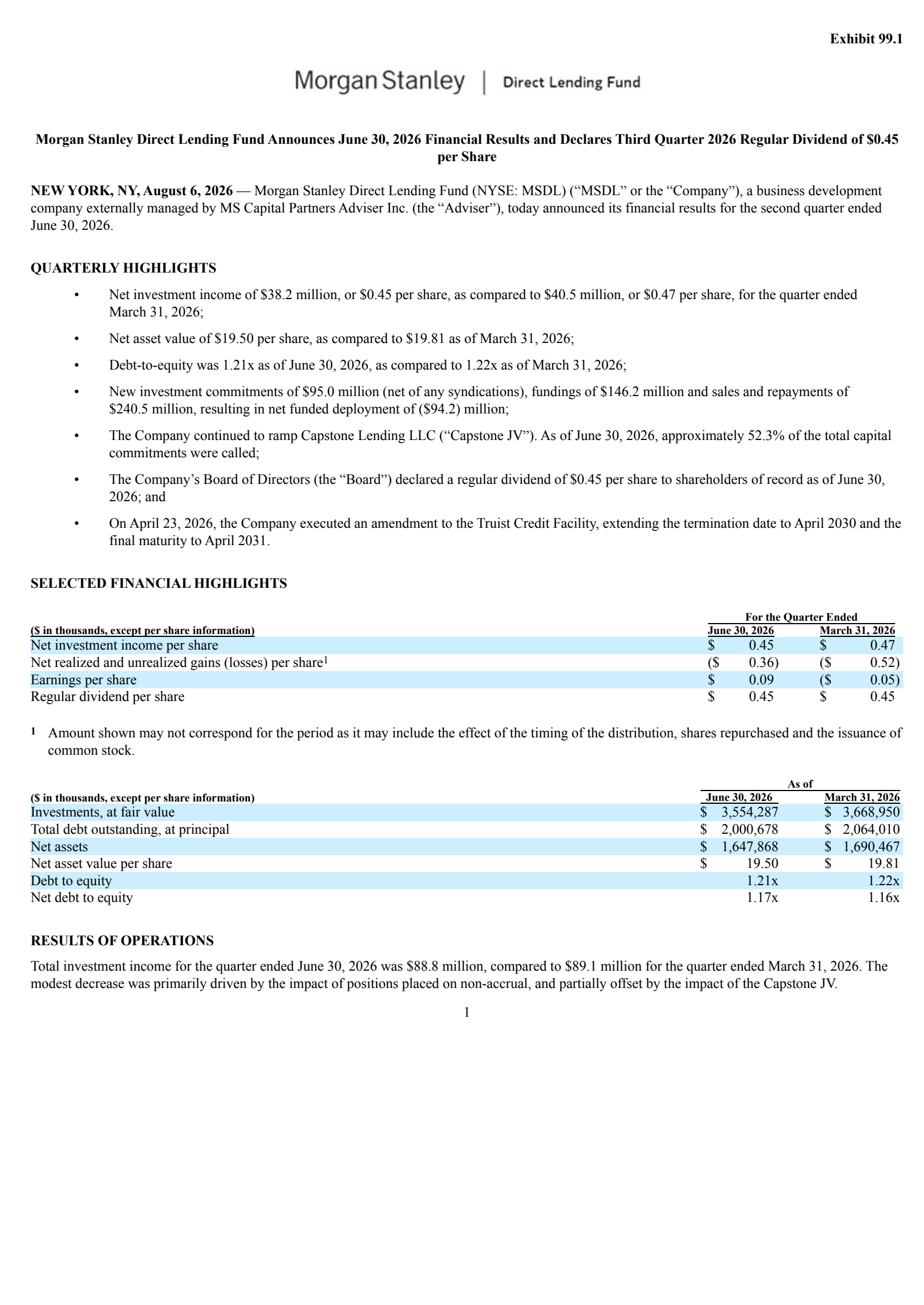 Morgan Stanley Direct Lending Fund's Q2 2026 Press Release