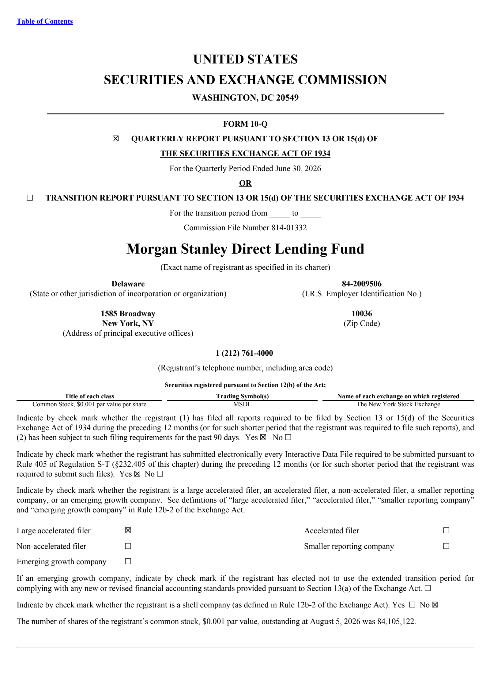 Morgan Stanley Direct Lending Fund's Q2 2026 Quarterly report