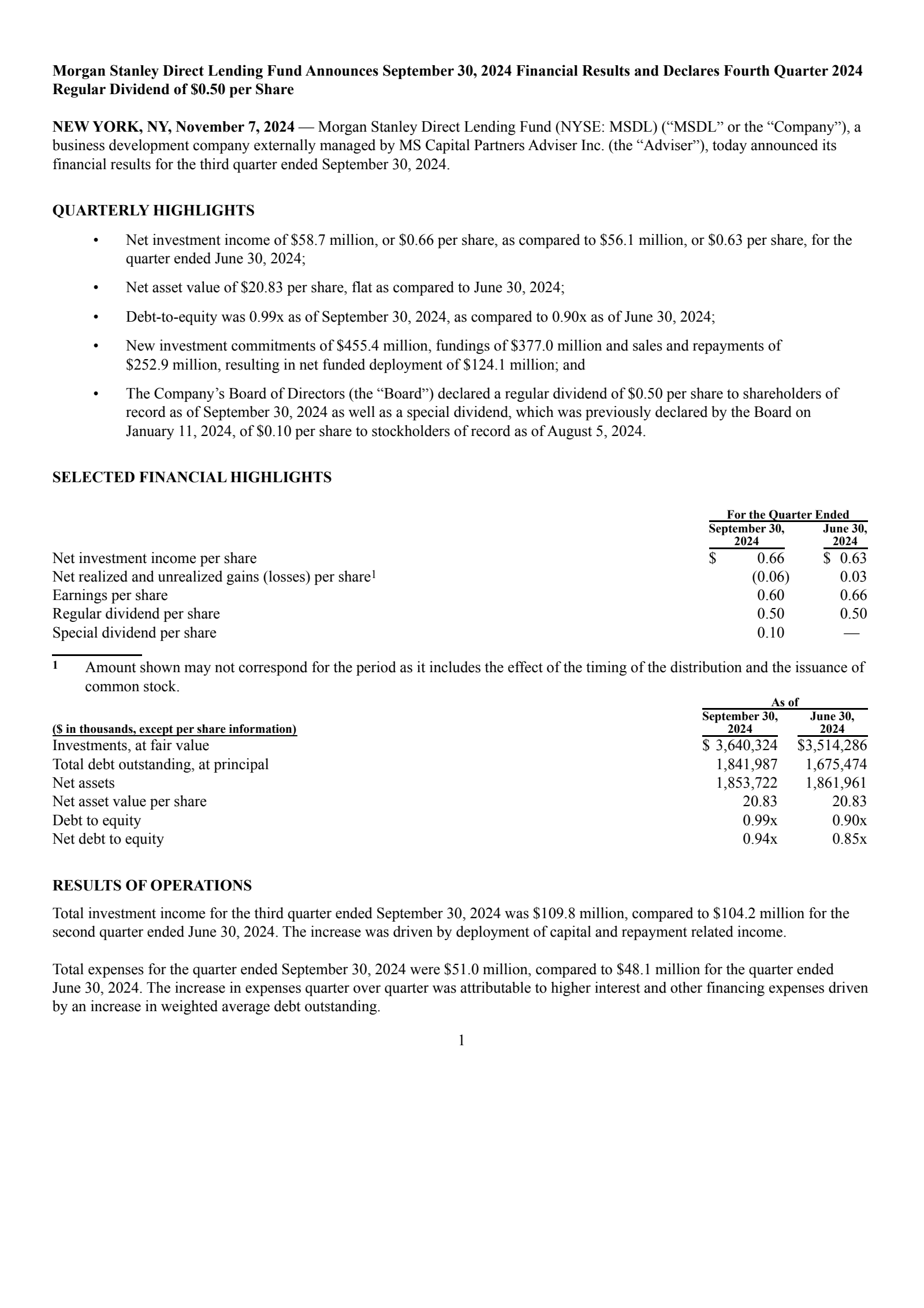 Morgan Stanley Direct Lending Fund's Q3 2024 Press Release