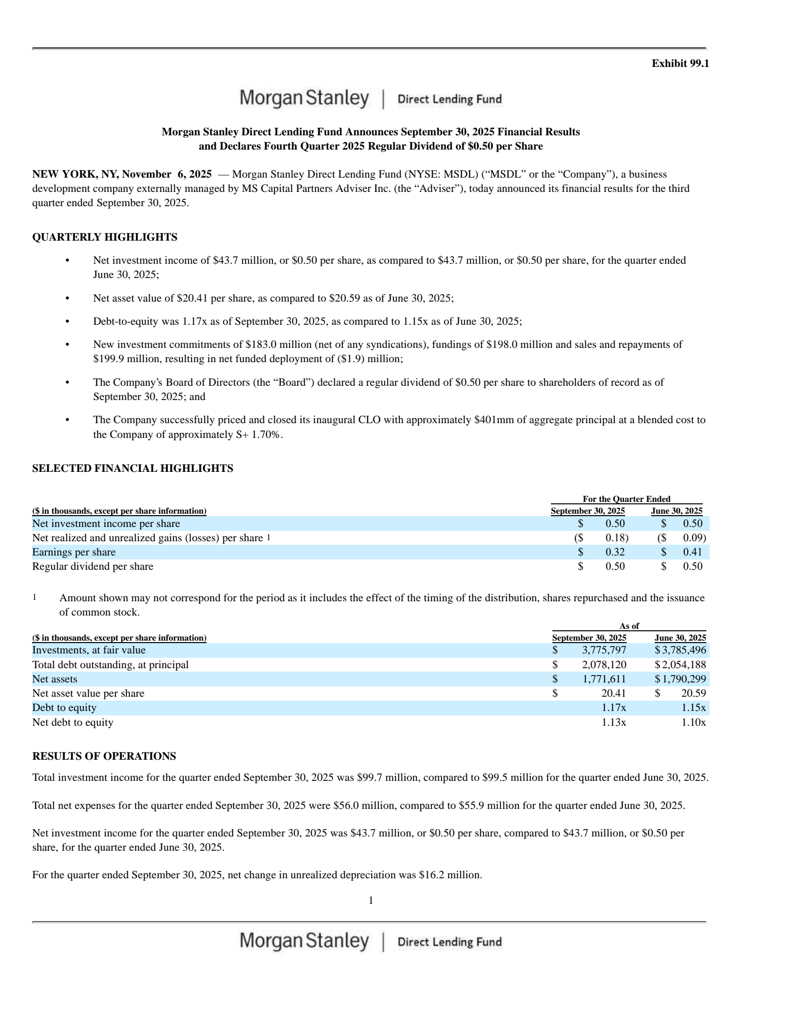 Morgan Stanley Direct Lending Fund's Q3 2025 Press Release