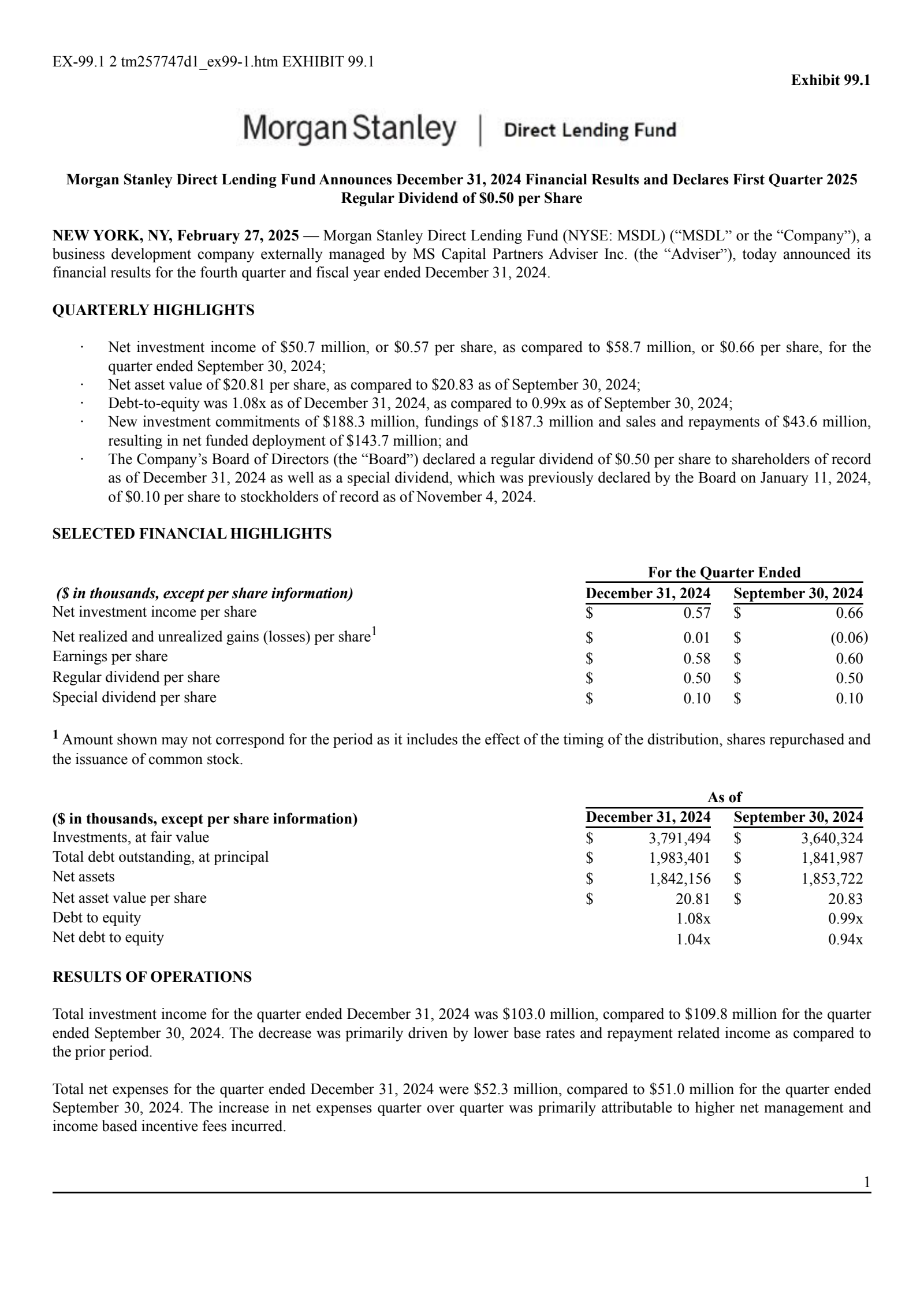 Morgan Stanley Direct Lending Fund's Q4 2024 Press Release