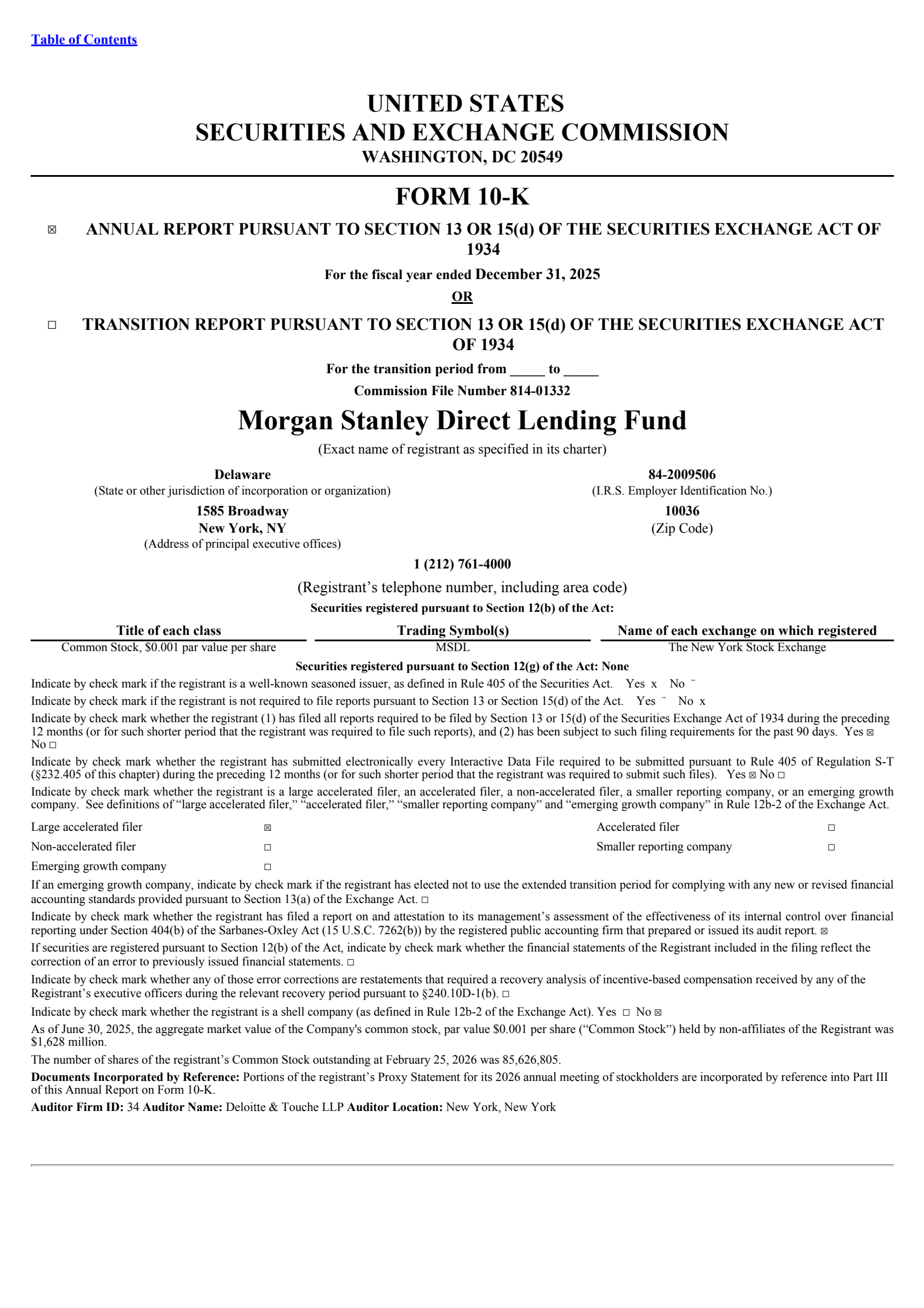 Morgan Stanley Direct Lending Fund's Q4 2025 Annual report
