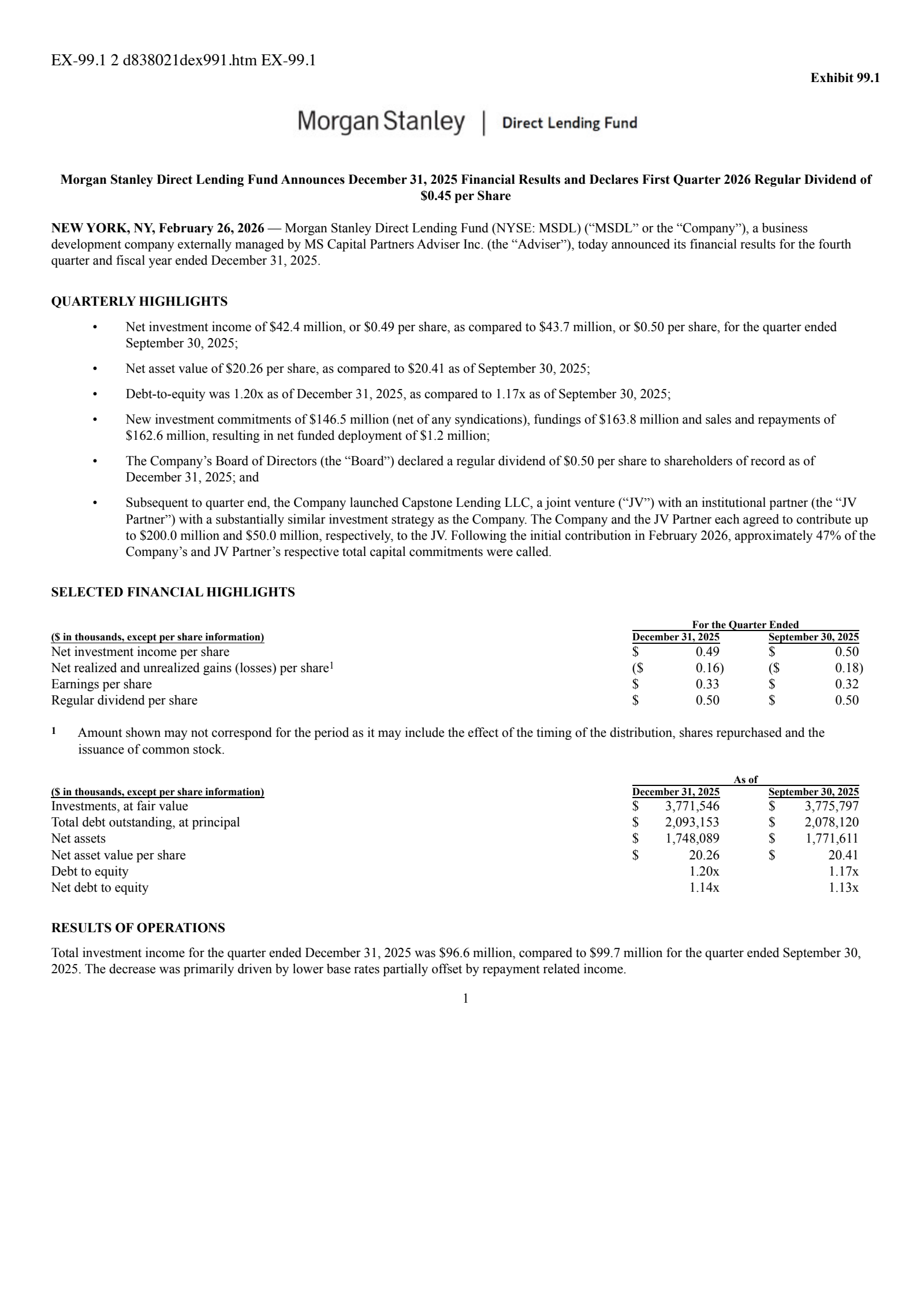 Morgan Stanley Direct Lending Fund's Q4 2025 Press Release