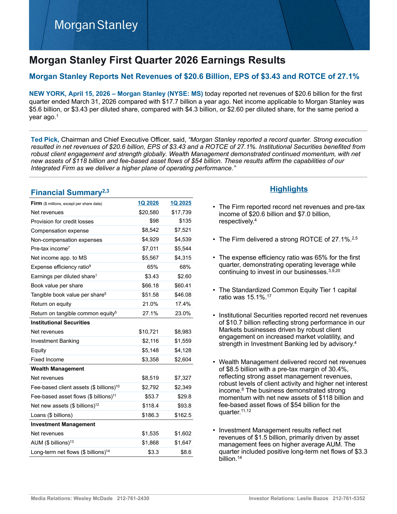 Morgan Stanley's Q1 2026 Press Release