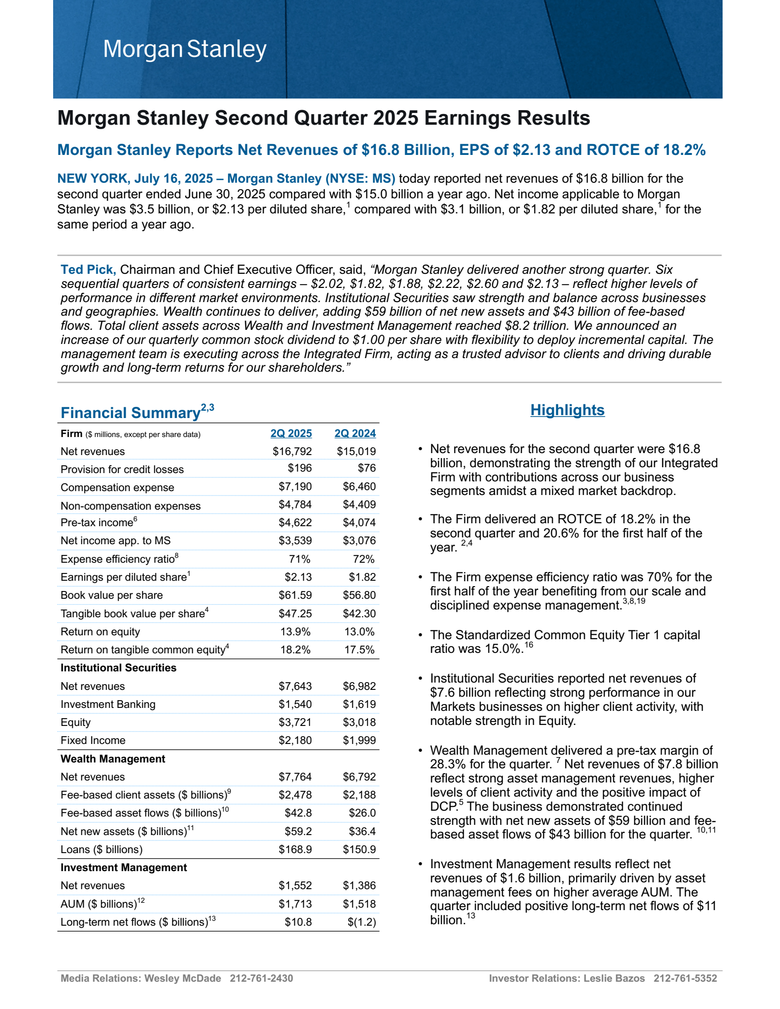 Morgan Stanley's Q2 2025 Press Release