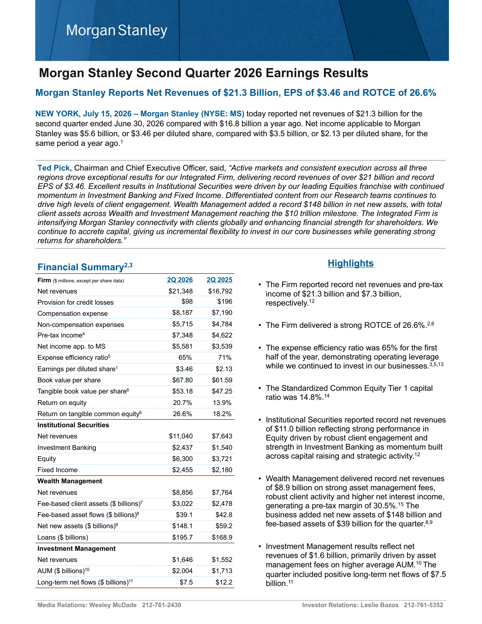 Morgan Stanley's Q2 2026 Press Release