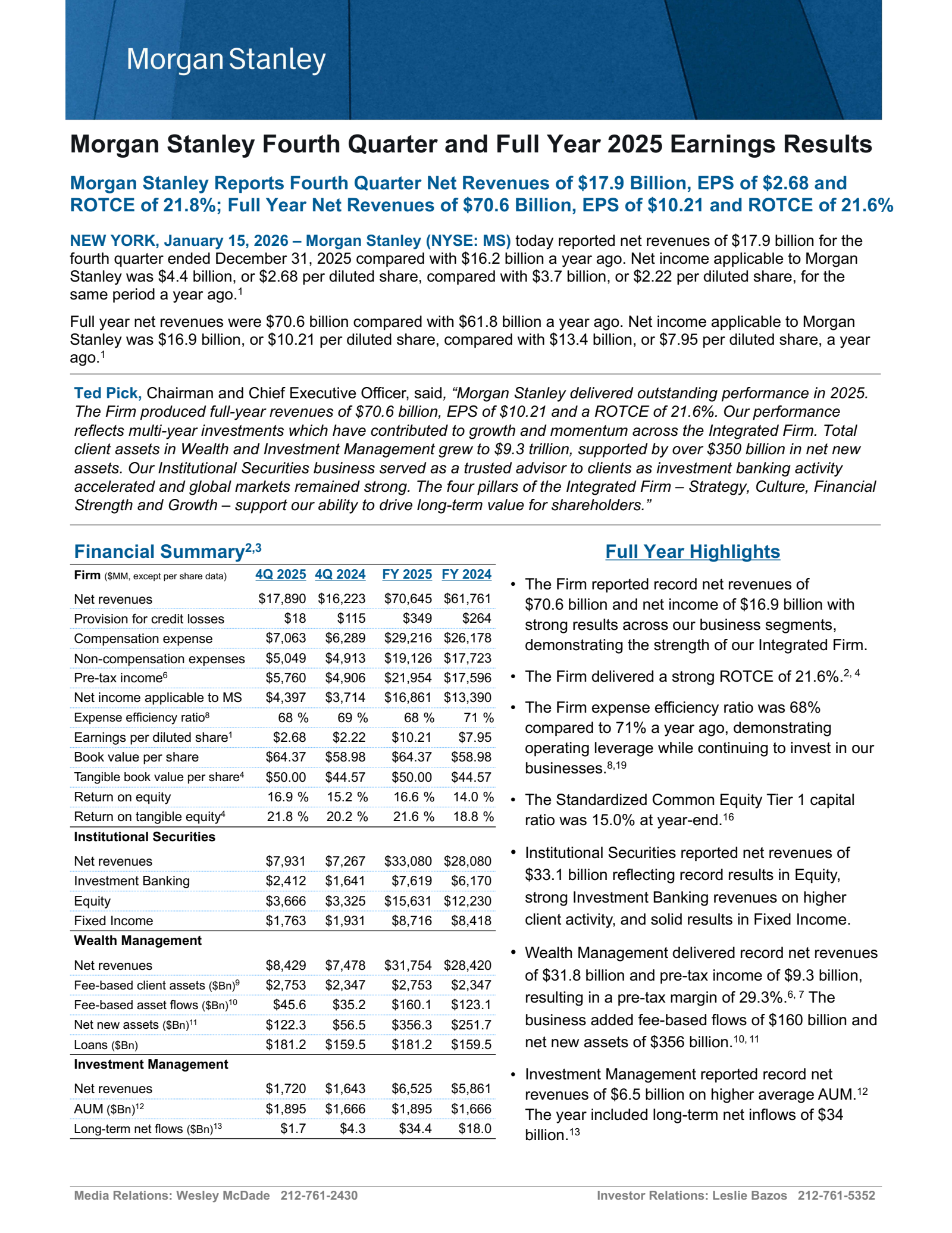 Morgan Stanley's Q4 2025 Press Release