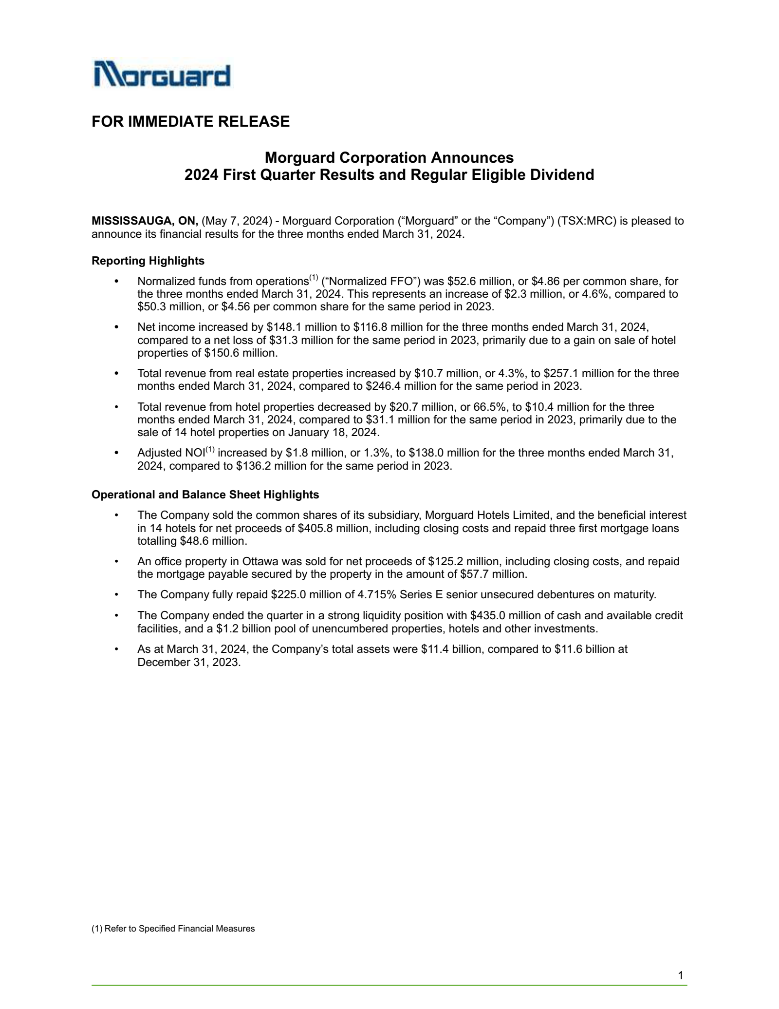 Morguard's Q1 2024 Press Release