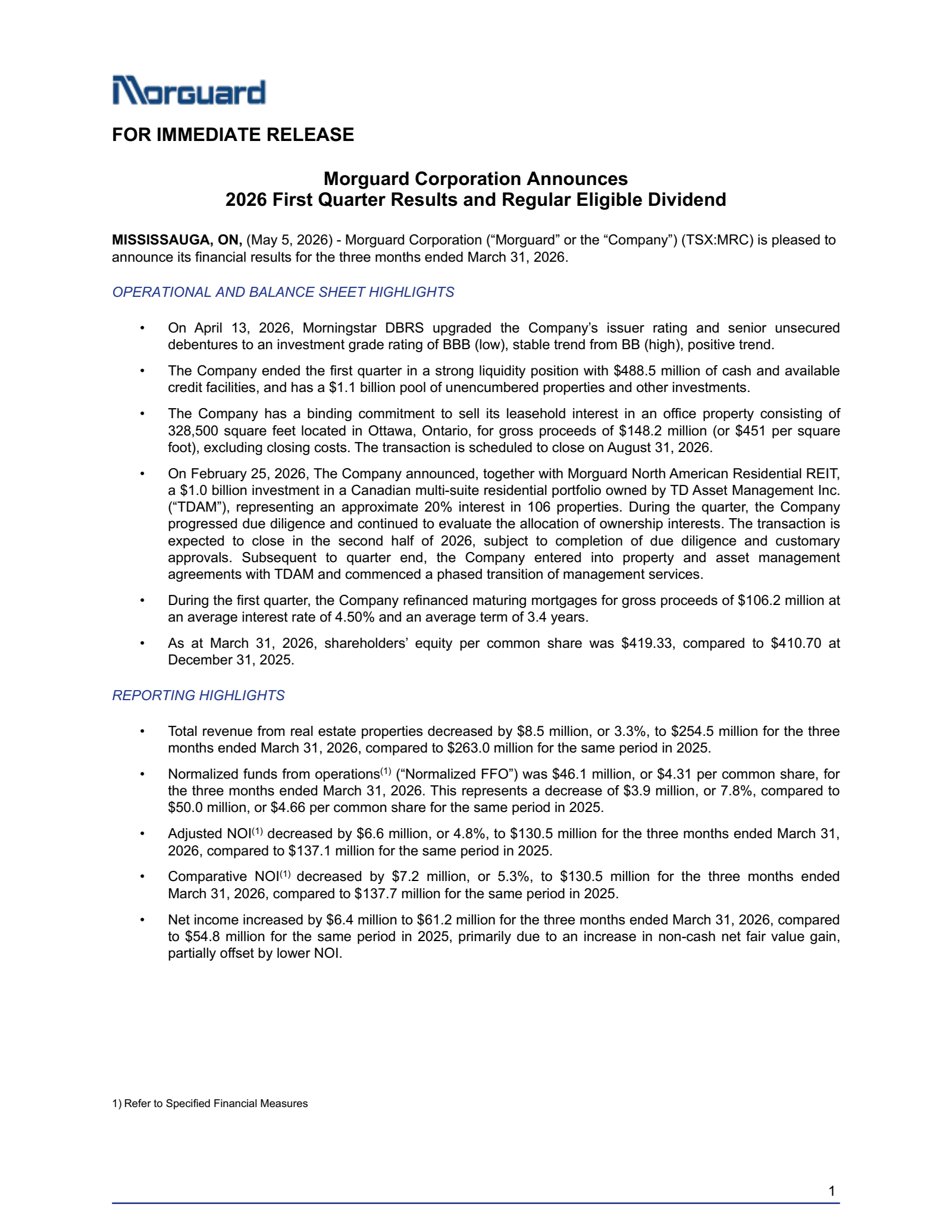 Morguard's Q1 2026 Press Release