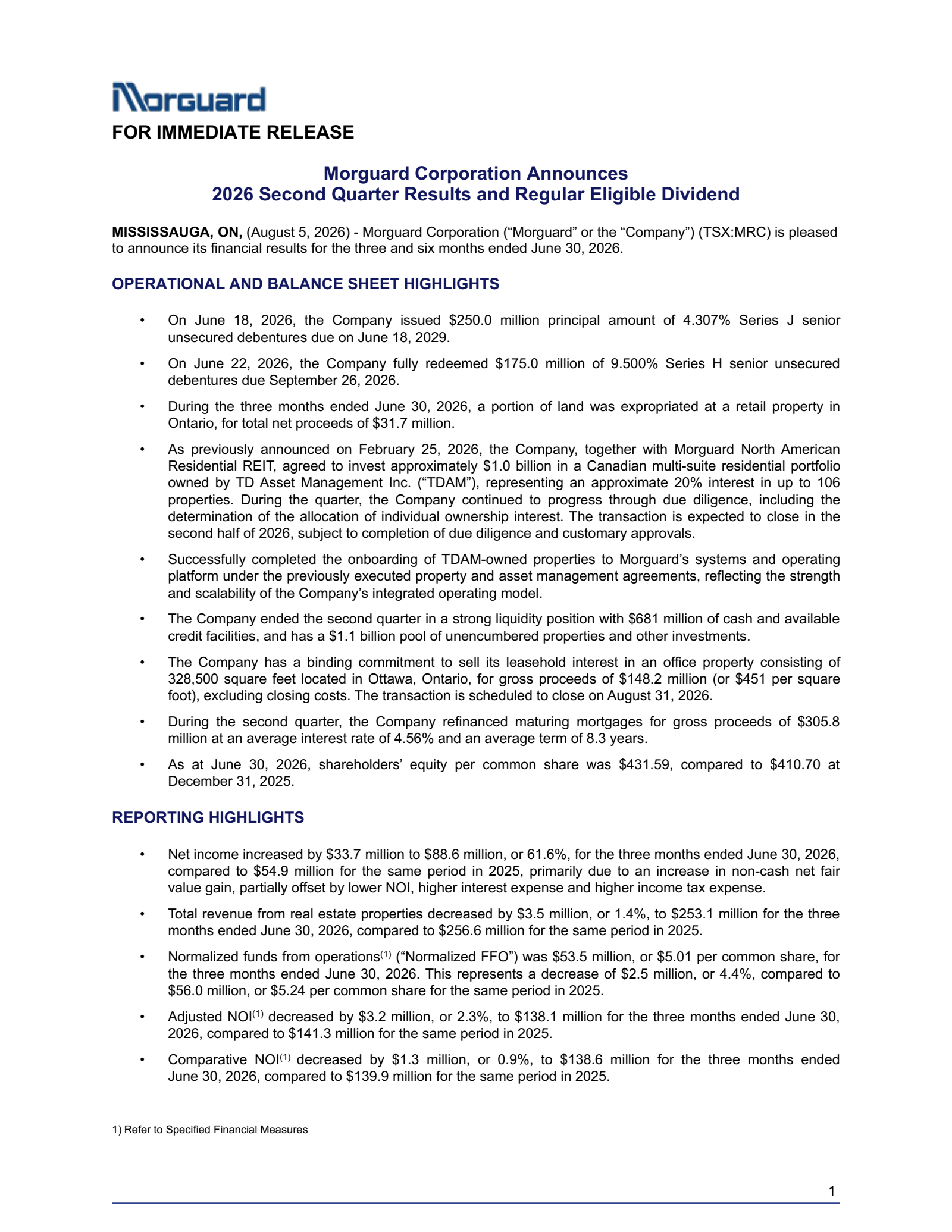 Morguard's Q2 2026 Press Release