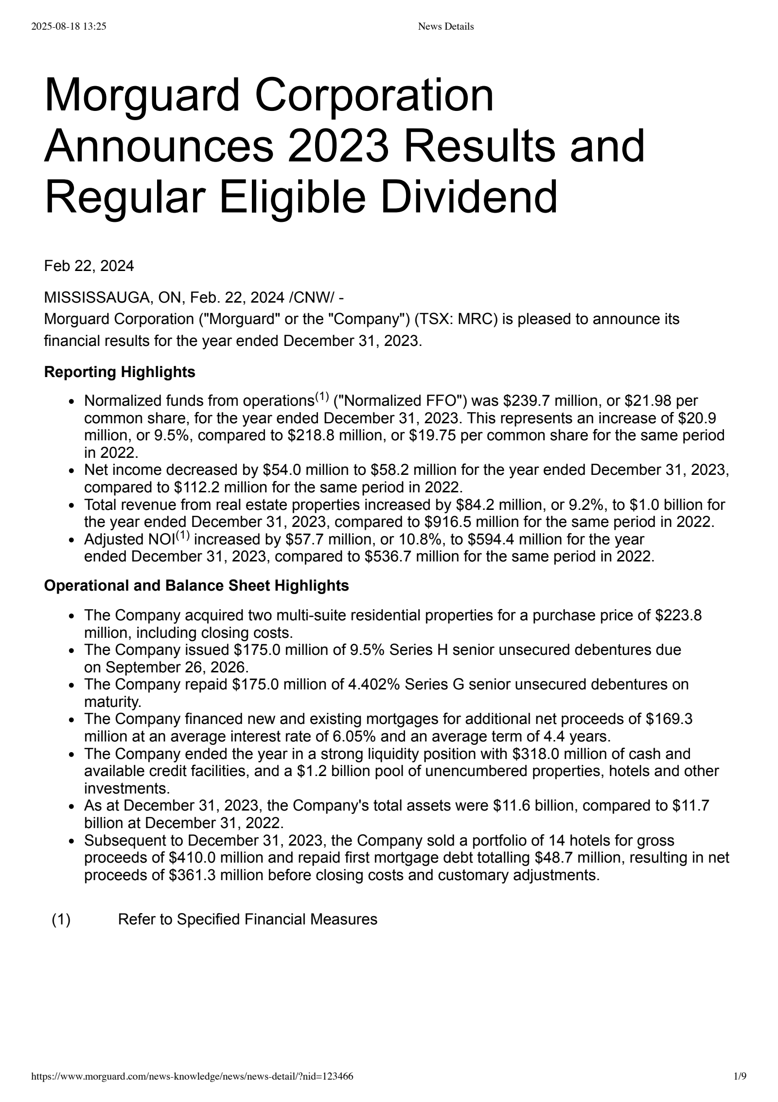Morguard's Q4 2023 Press Release