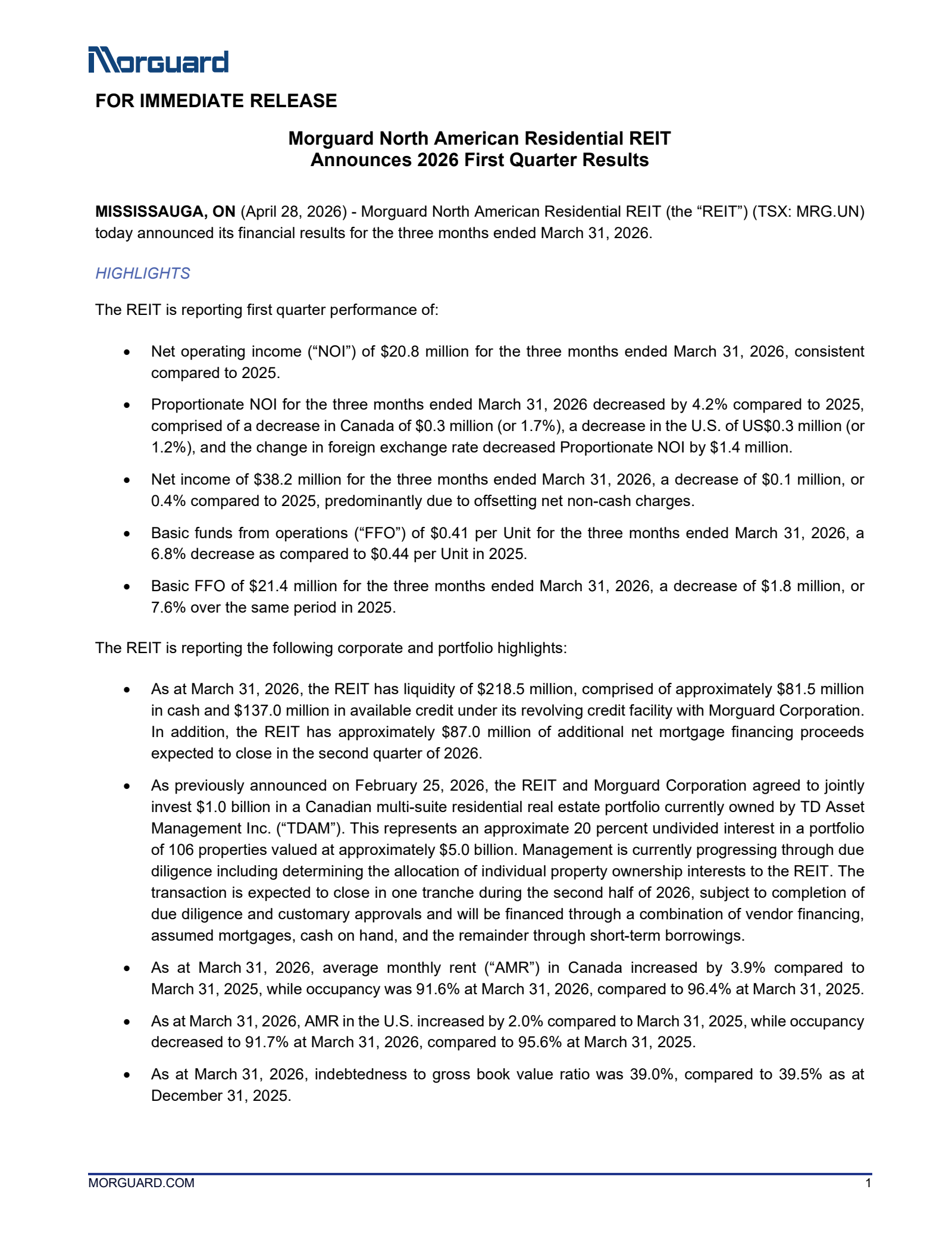 Morguard North American Residential Real Estate Investment Trust's Q1 2026 Press Release
