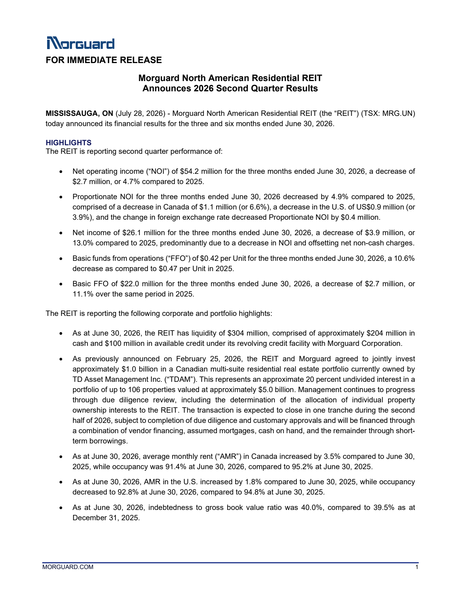 Morguard North American Residential Real Estate Investment Trust's Q2 2026 Press Release