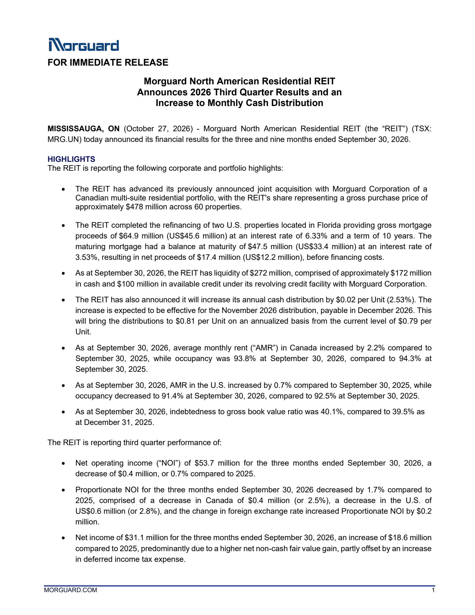 Morguard North American Residential Real Estate Investment Trust's Q3 2026 Press Release