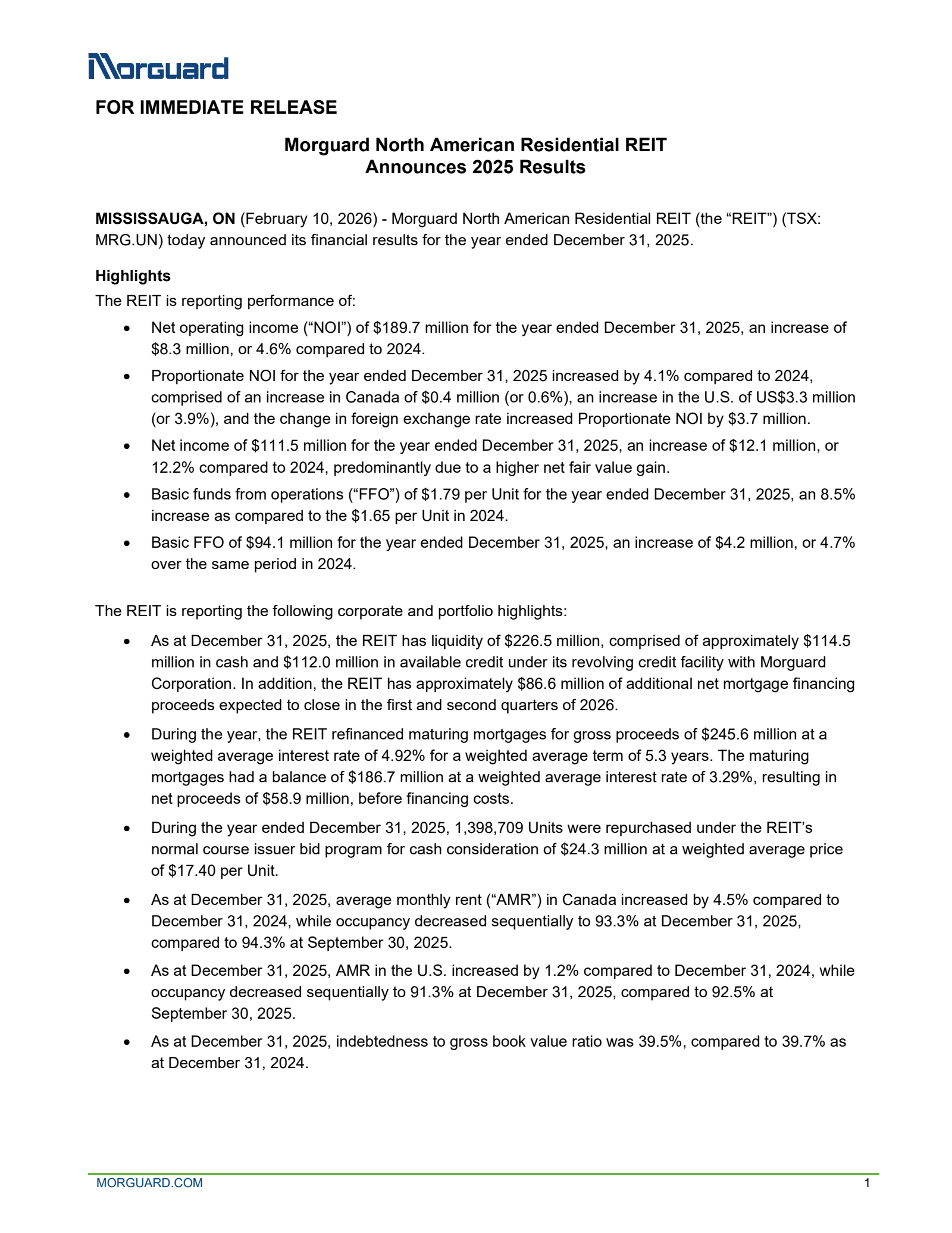 Morguard North American Residential Real Estate Investment Trust's Q4 2025 Press Release