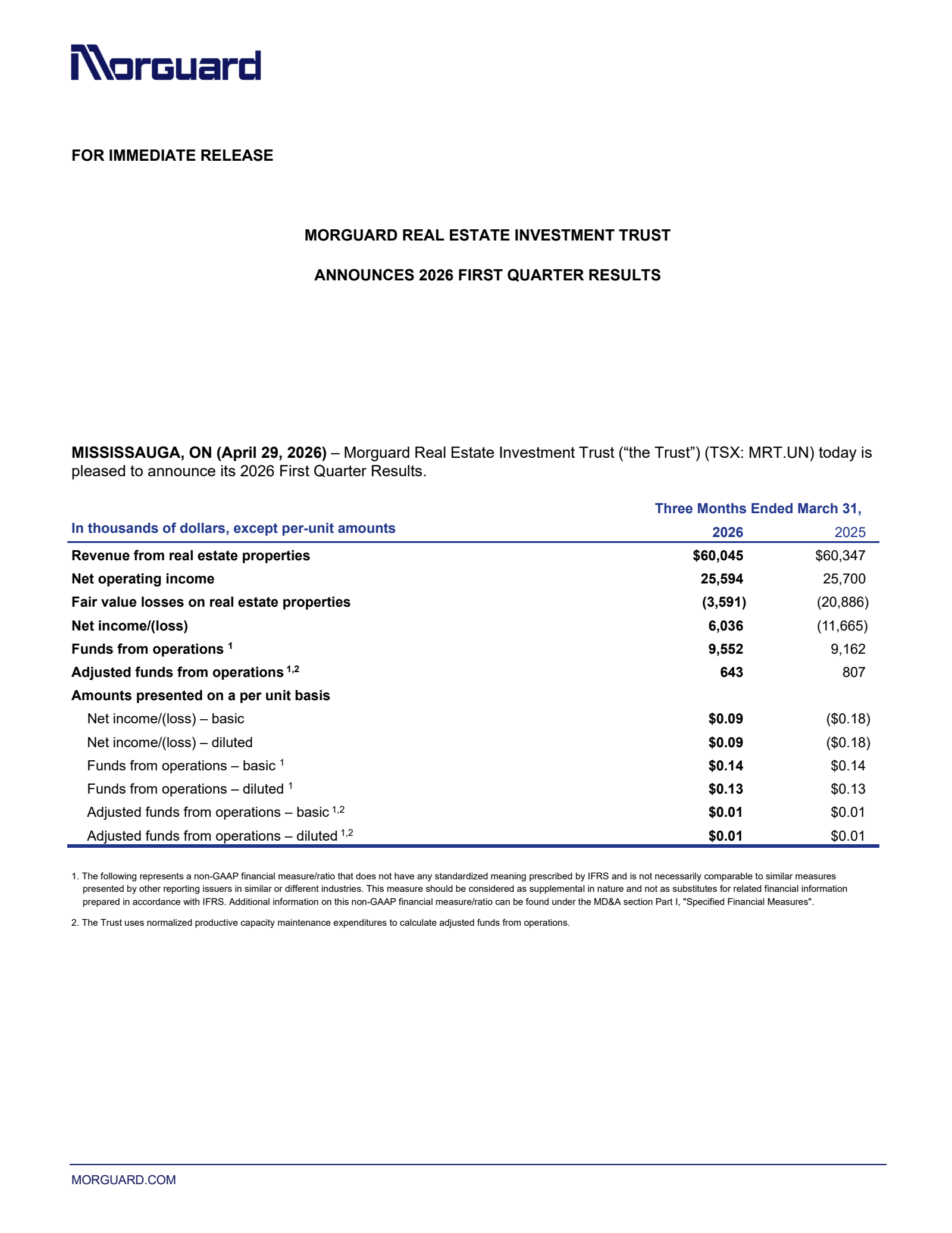 Morguard Real Estate Inv.'s Q1 2026 Press Release
