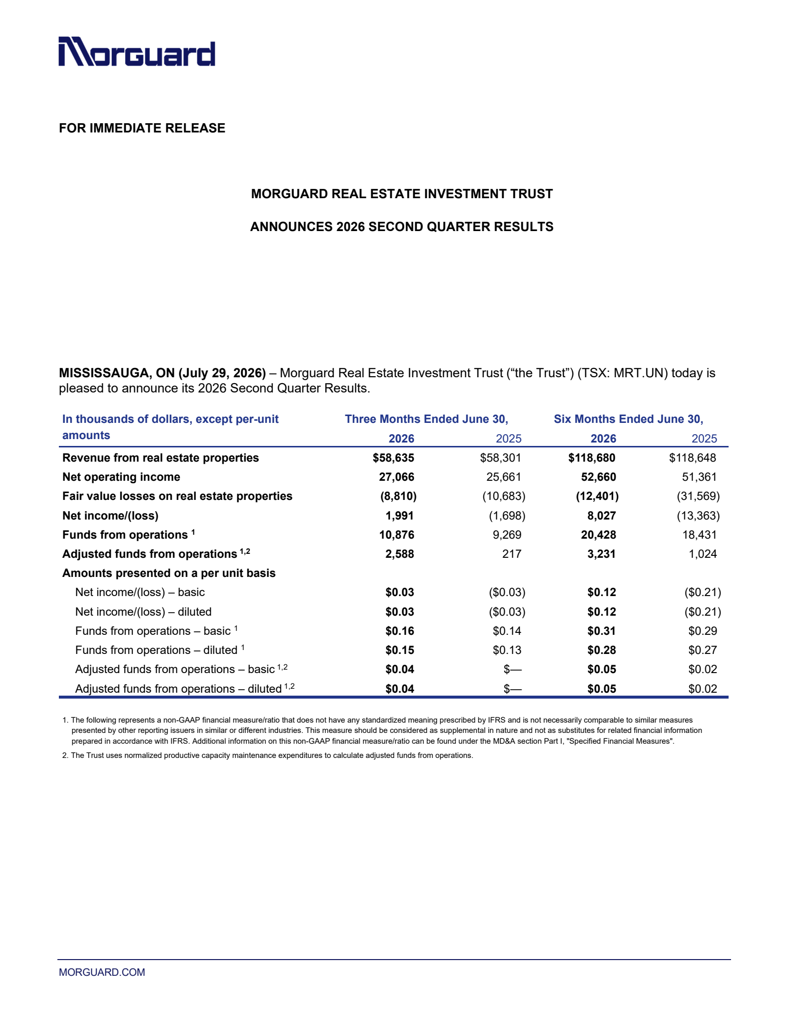 Morguard Real Estate Inv.'s Q2 2026 Press Release