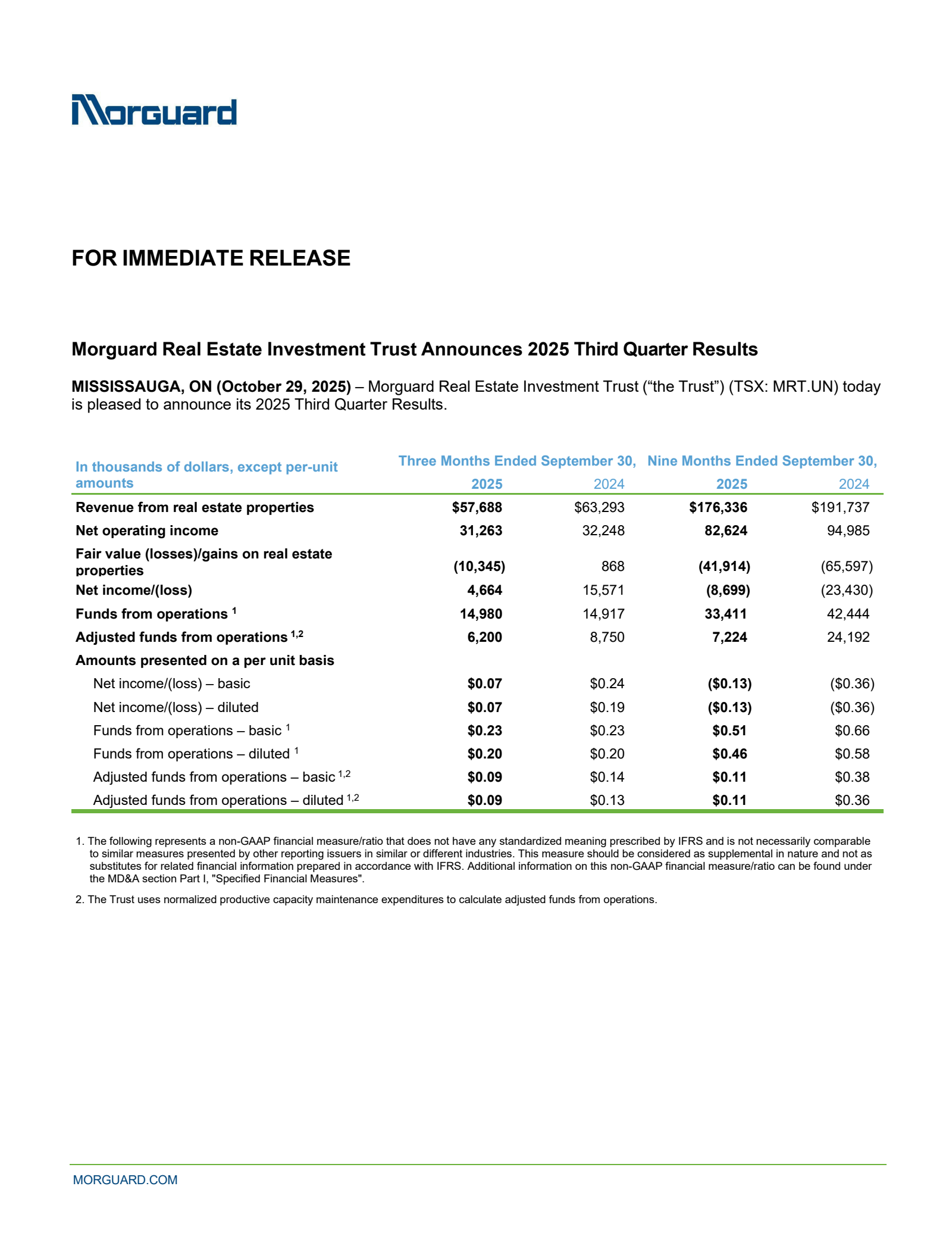 Morguard Real Estate Inv.'s Q3 2025 Press Release
