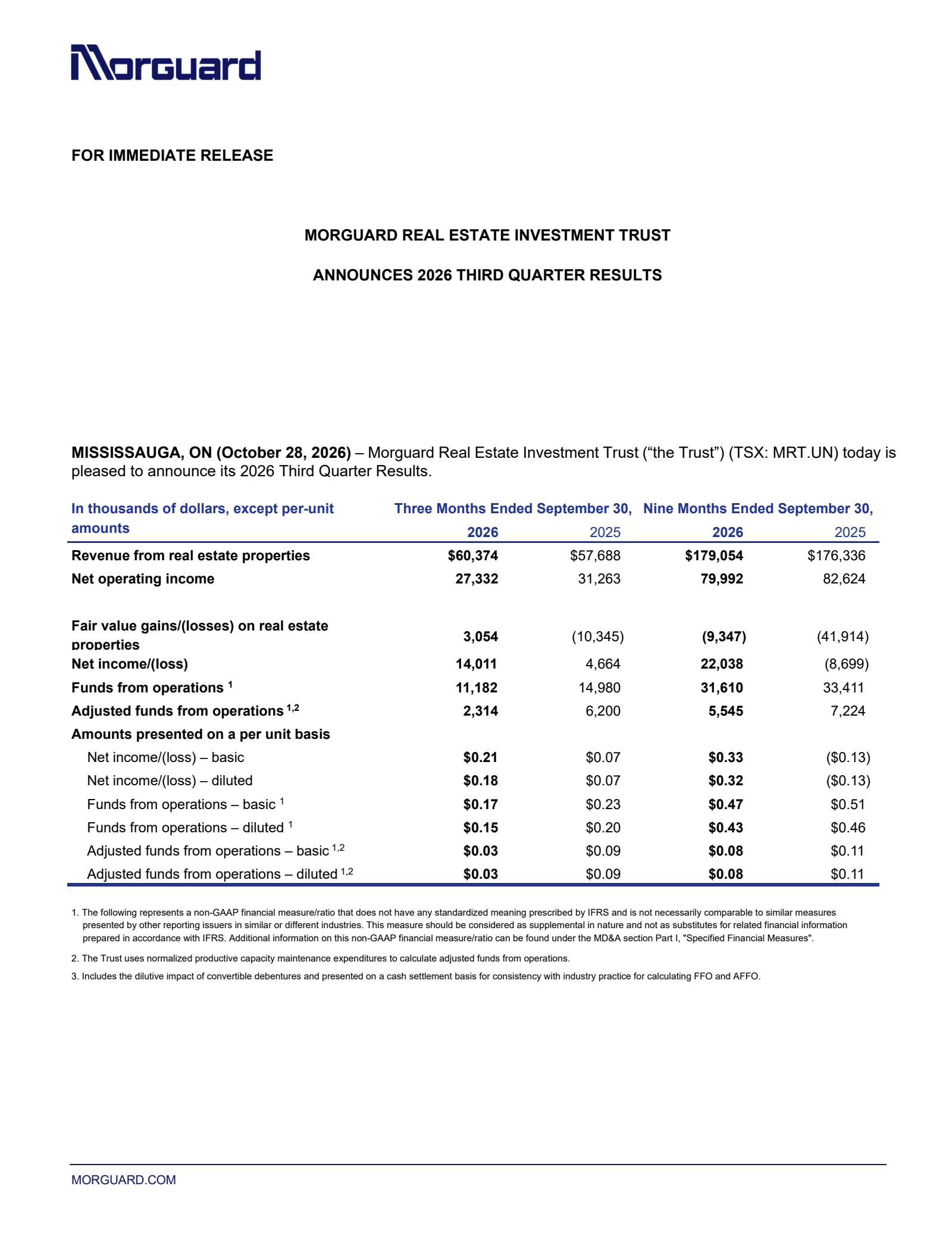 Morguard Real Estate Inv.'s Q3 2026 Press Release