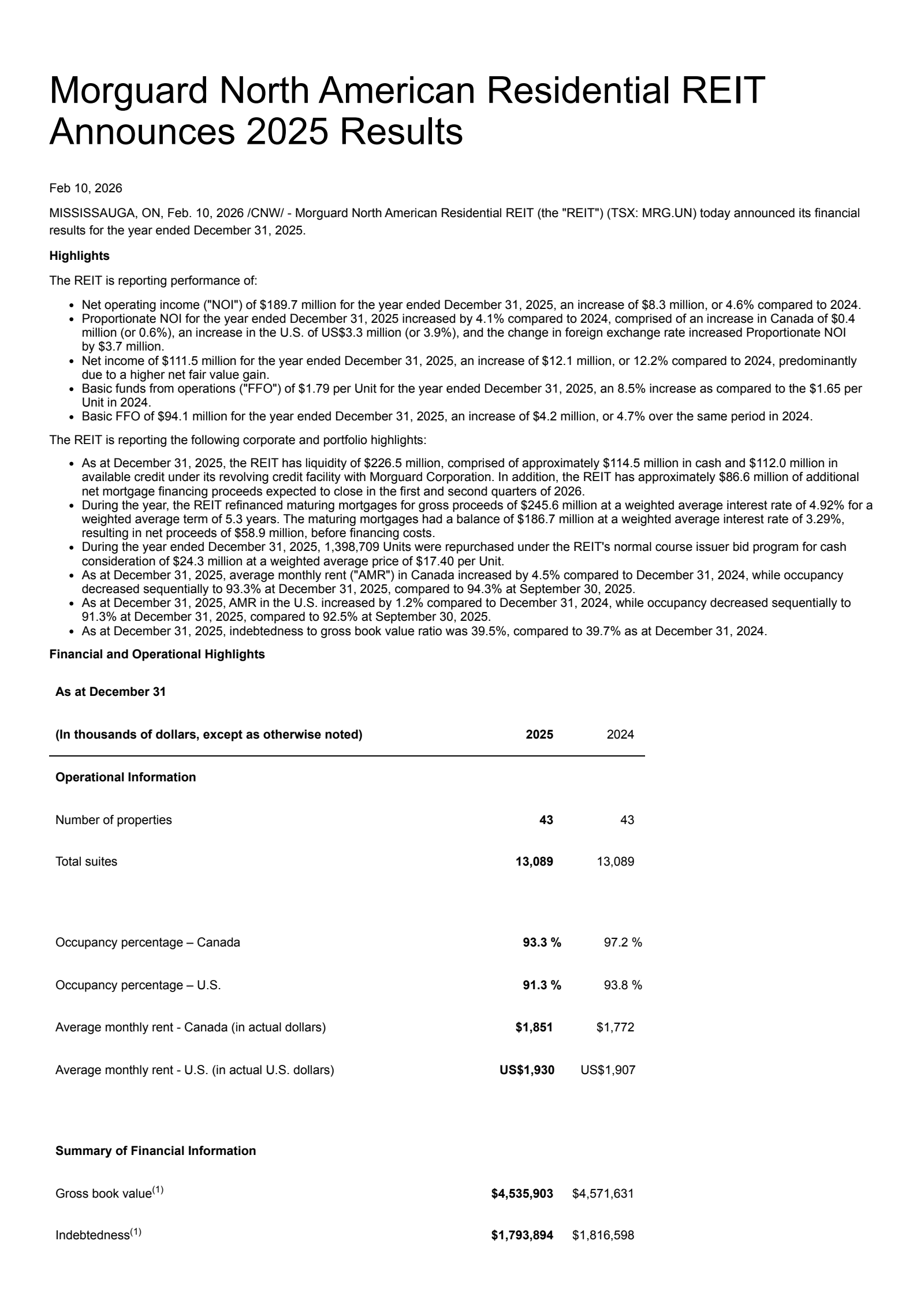 Morguard Real Estate Inv.'s Q4 2025 Press Release