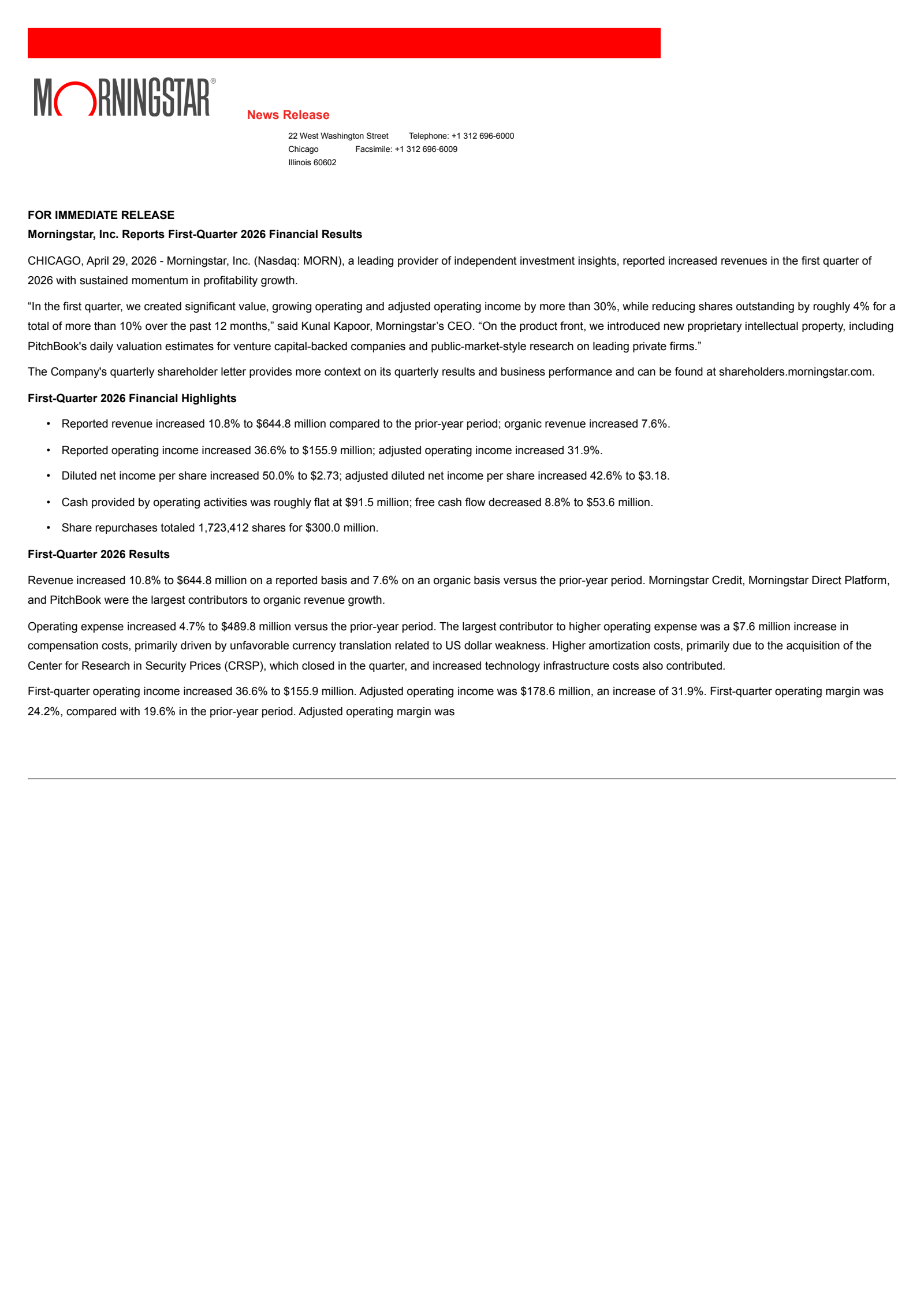 Morningstar's Q1 2026 Press Release