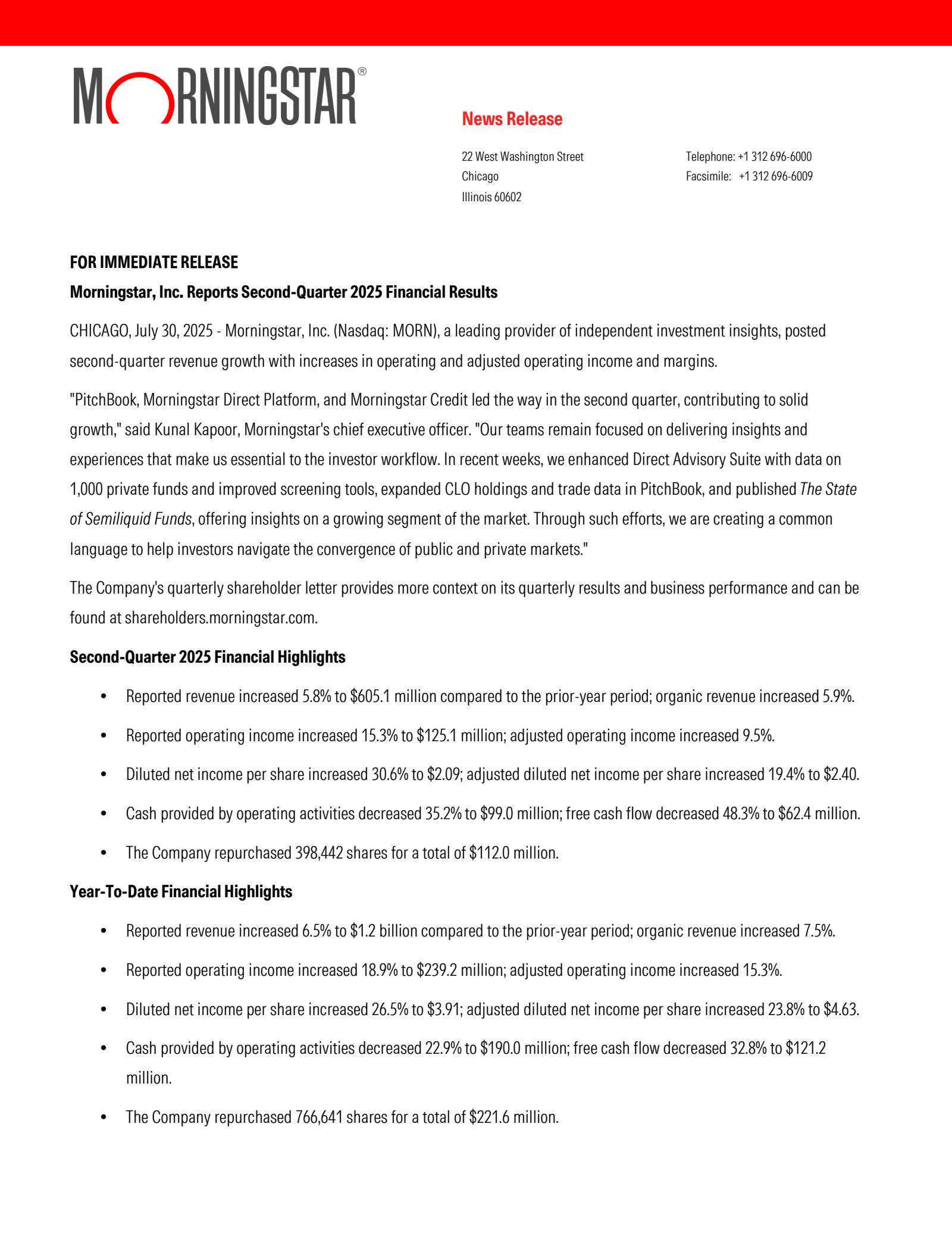 Morningstar's Q2 2025 Press Release