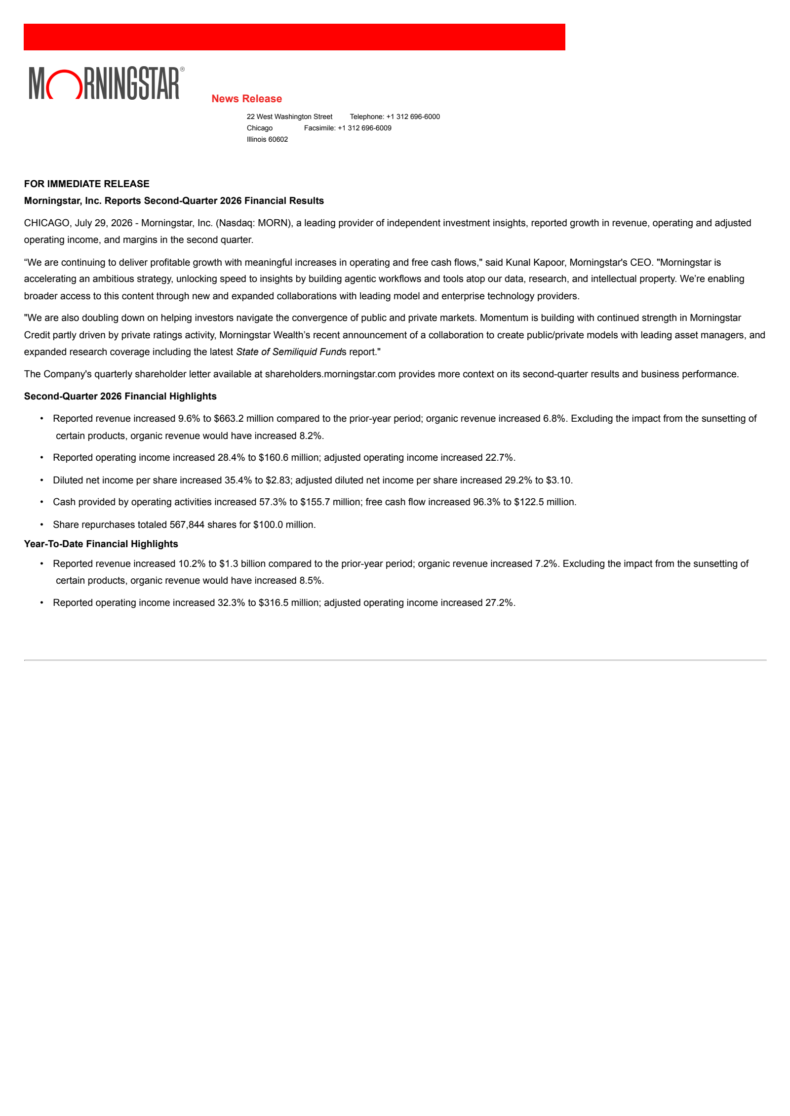 Morningstar's Q2 2026 Press Release