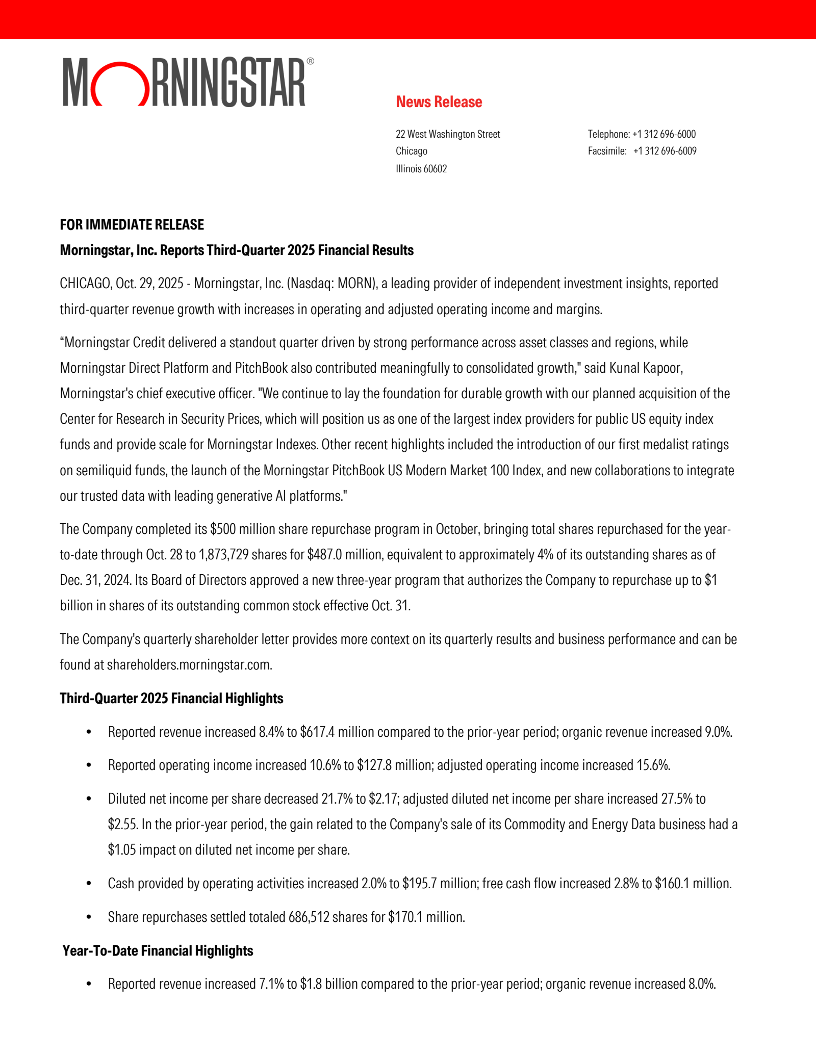 Morningstar's Q3 2025 Earnings Release