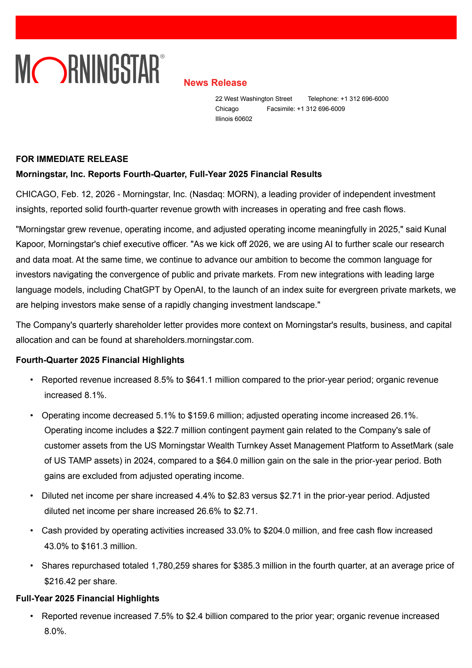 Morningstar's Q4 2025 Press Release