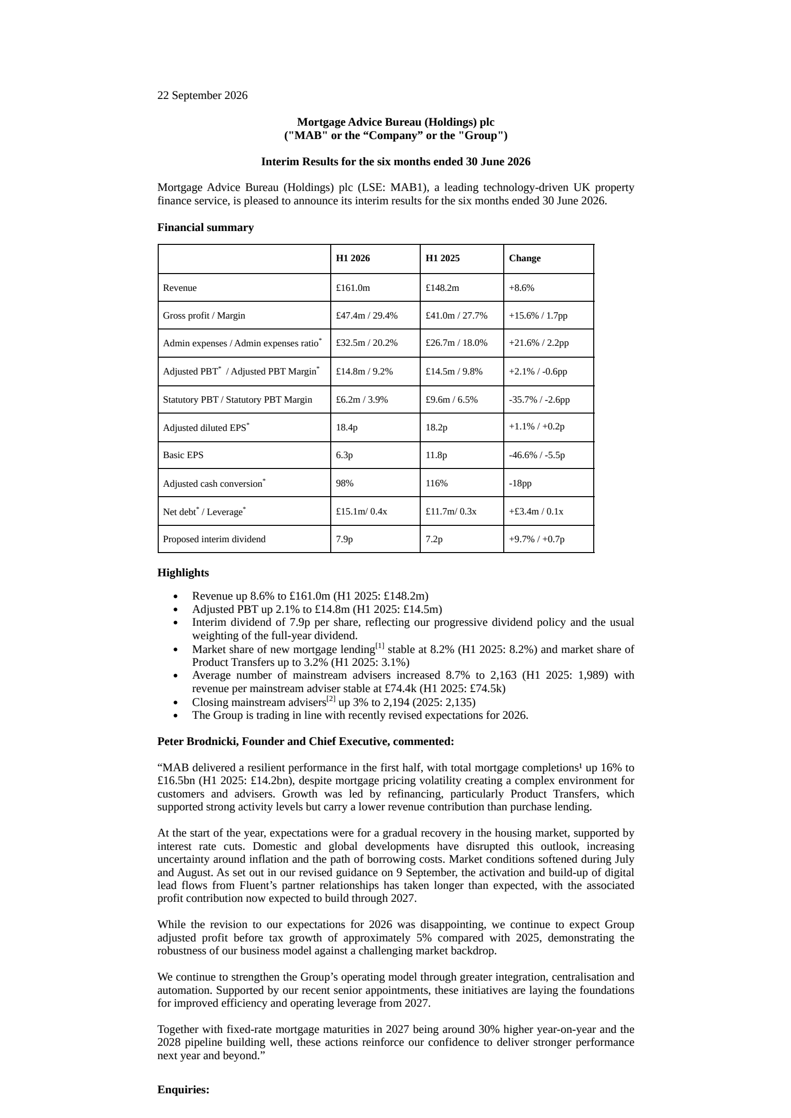 Mortgage Advice Bureau's H1 2026 Interim report