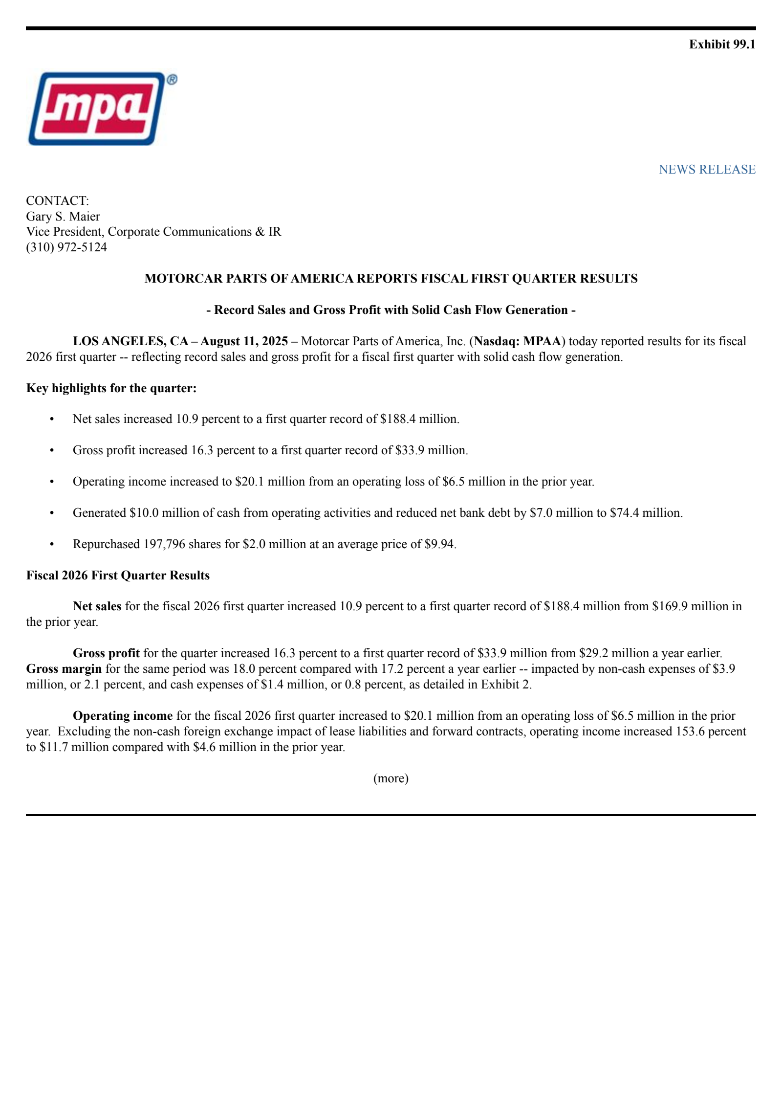 Motorcar Parts of America's Q1 2026 Press Release
