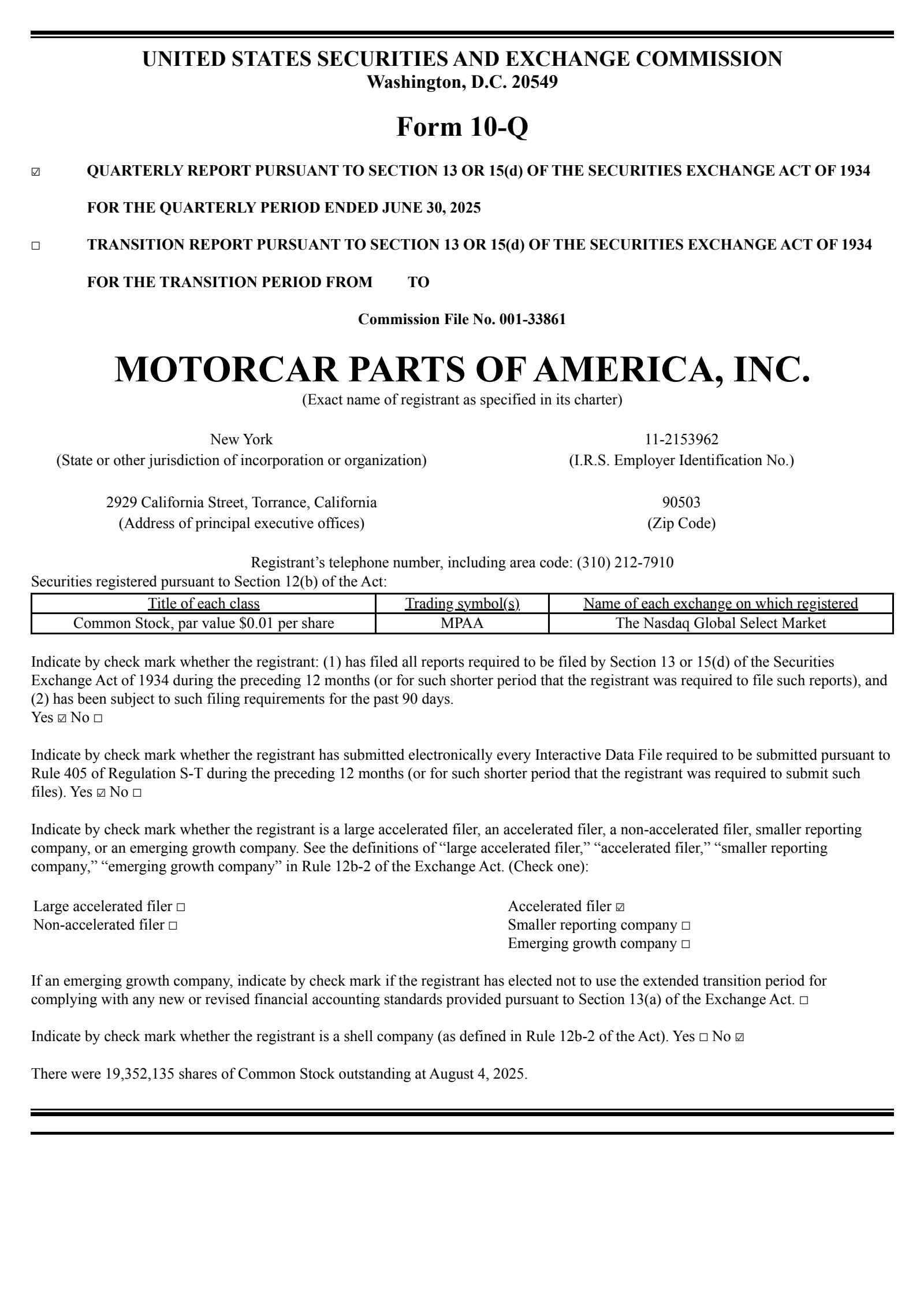 Motorcar Parts of America's Q1 2026 Quarterly report